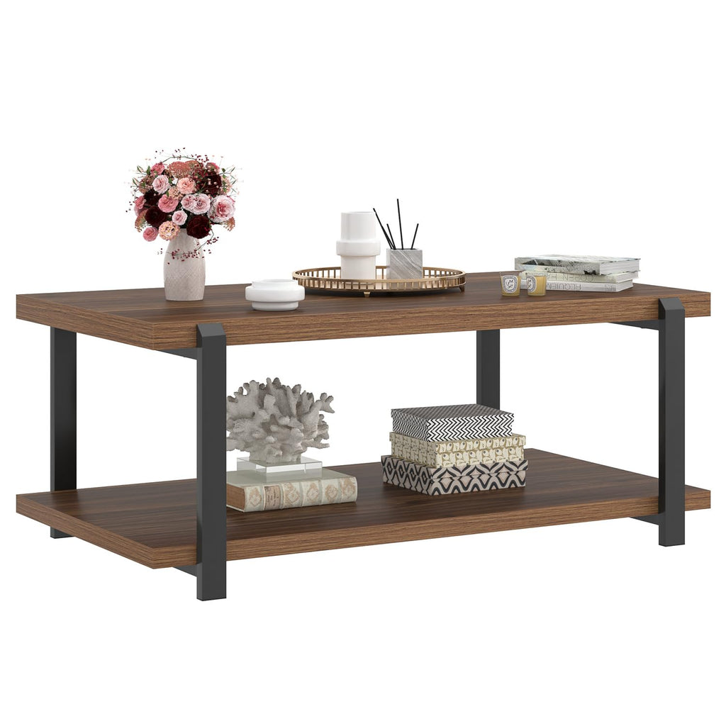 FOLUBAN Black Coffee Table, Modern Rustic Wood Center Table with Storage for Living Room, Industrial Rectangle 2 Tier Cocktail Tea Table, Black Oak