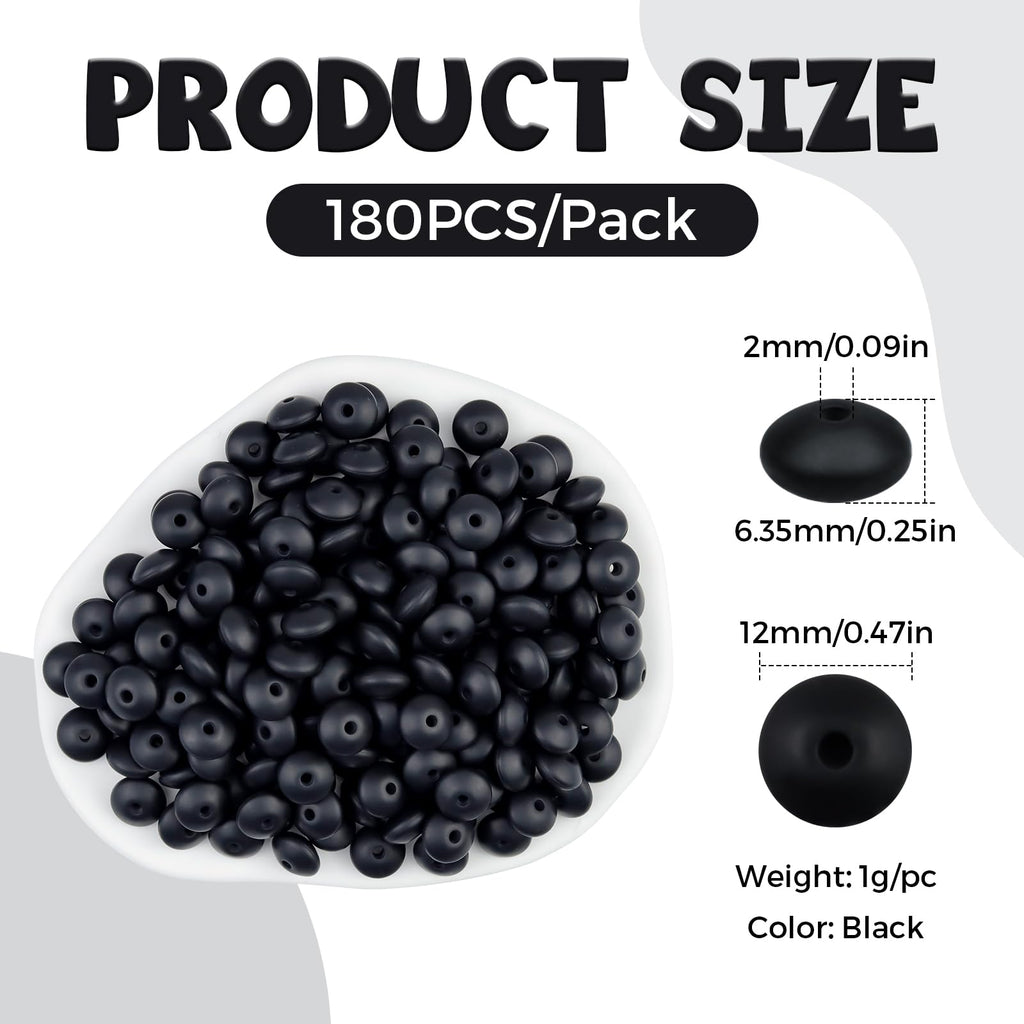 FIVEIZERO 180PCS Silicone Lentil Beads,12mm Spacer Beads | Flexible Silicone, 2mm Hole Design, Easy to Thread, Fade Resistant, Easy to Clean