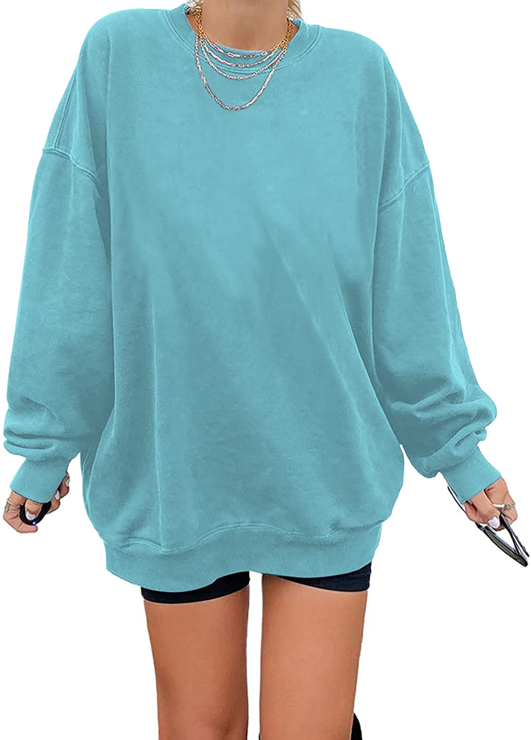 Ebifin Women's Oversized Long Sleeve Sweatshirts Pure Color Round Neck Casual Pullover Shirt