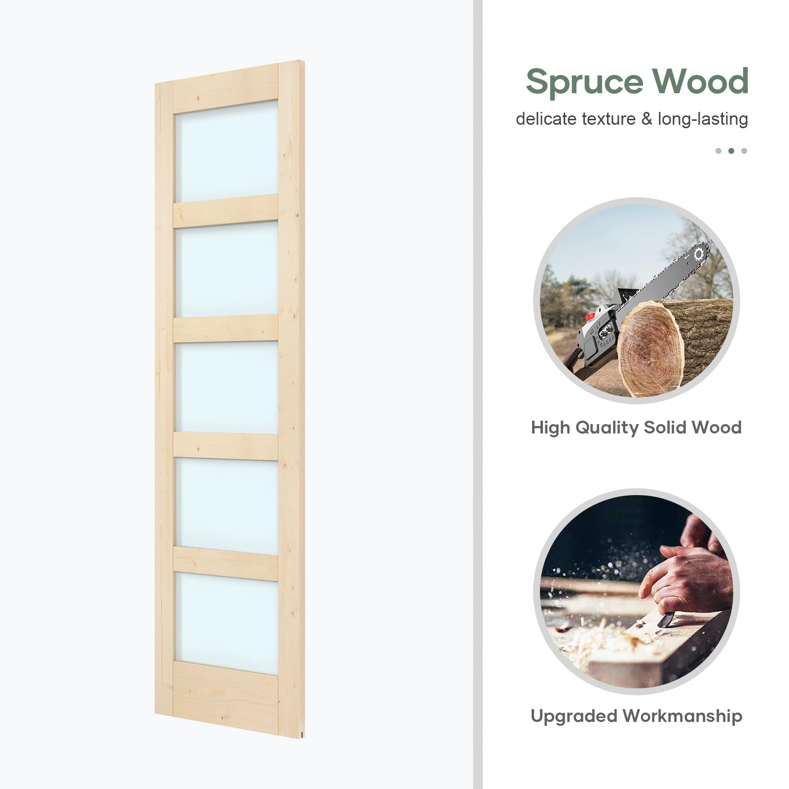 Double 18×84 inch Glass Sliding Barn Door Slab with 6.6ft Hardware Kit Included, 5-Panel Frosted Glass, Spruce Wood Support DIY Dyeing, Easy Assembly
