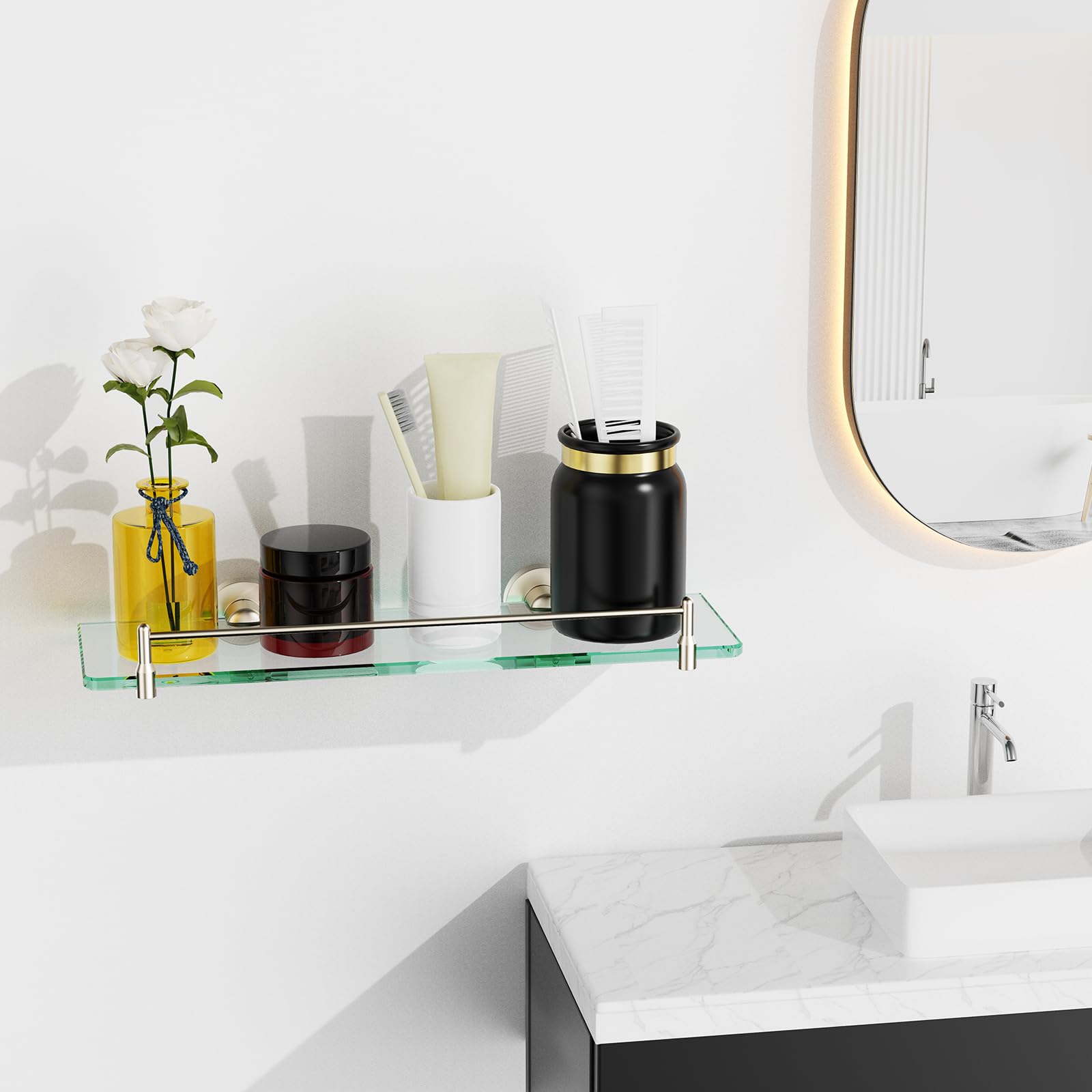 Glass Bathroom Shelves,Brushed Gold Floating Shelves for Wall Rectangular Modern Stainless Steel Glass Shelf for Bathroom Shelves wall Mounted 16 Inch
