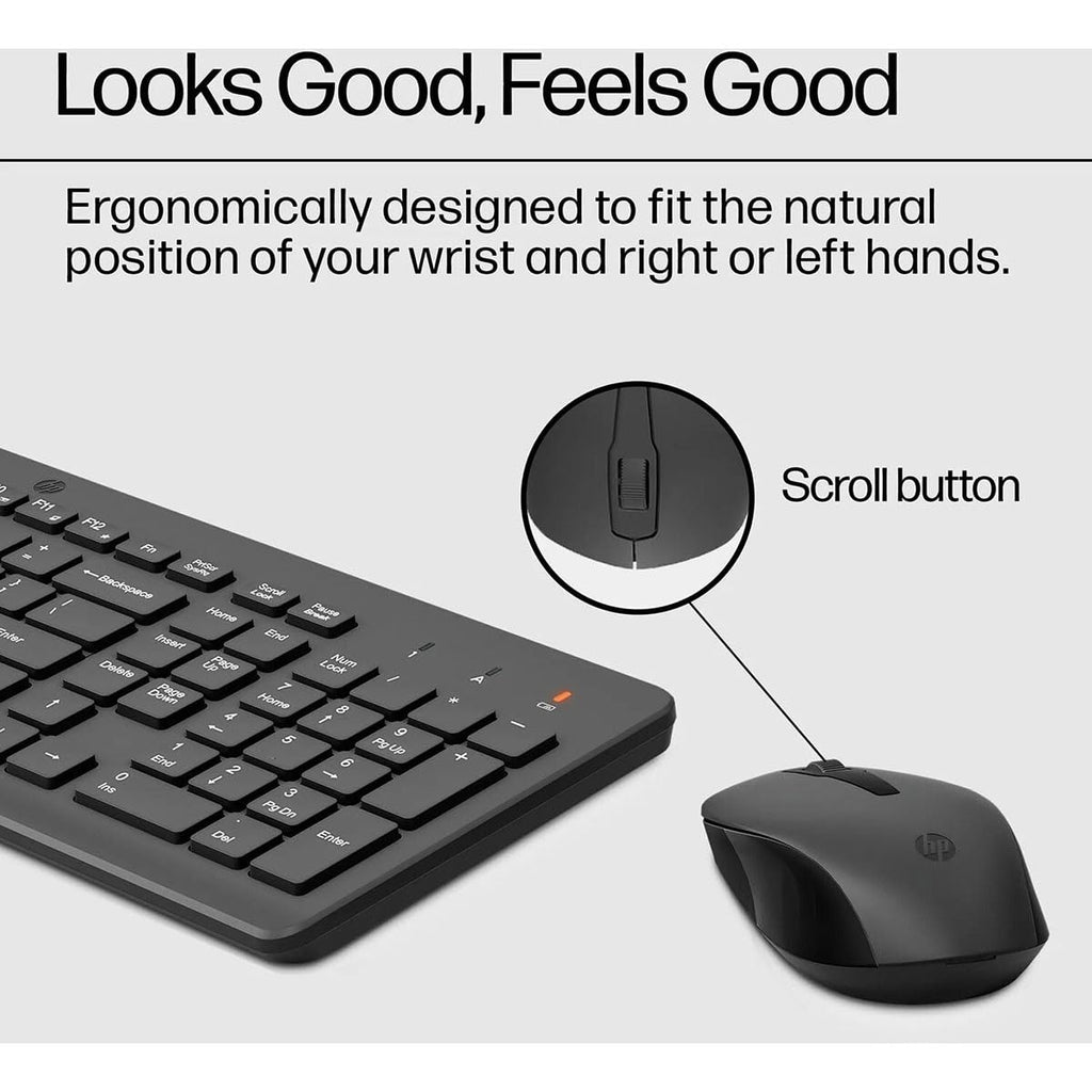 HP 330 Wireless Keyboard and Mouse Combo - 2.4 Ghz Wireless USB Receiver - Chiclet Keys, 12 Keyboard Shortcuts - 1600 DPI Multi-Surface Mouse - LED Num Lock, Caps Lock, Scroll Lock (2V9E6AA)