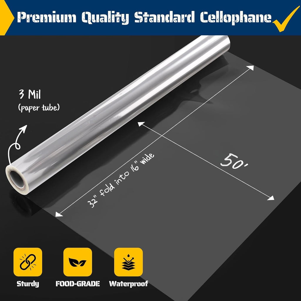 Vanhench Clear Cellophane Wrap, 16" x 200' 3Mil Thick Cellophane Wrap Roll for Gift Basket Treats Goodie Bouquet Flower Wrapping, Clear Plastic Wrap for Gifts Table Covering Packing Supplies