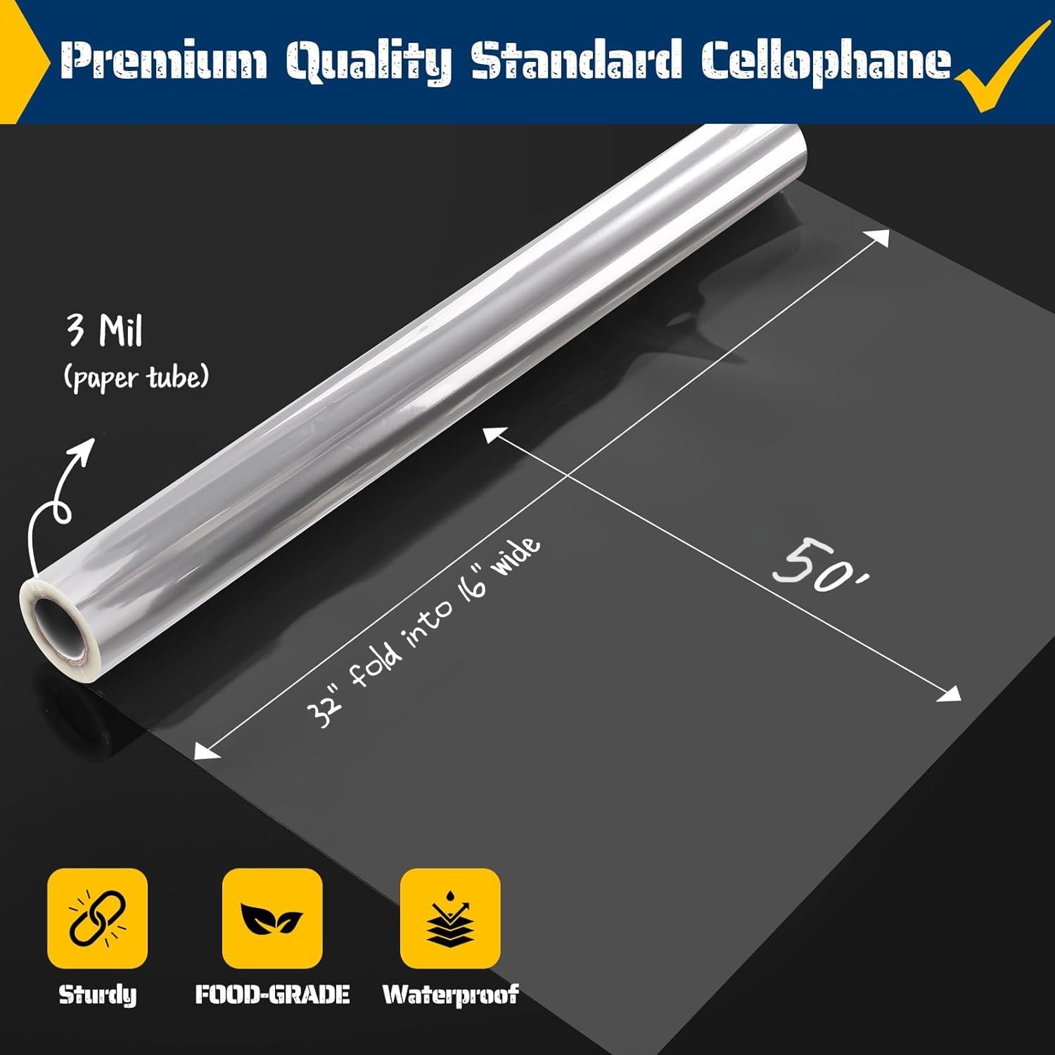 Vanhench Clear Cellophane Wrap, 16" x 200' 3Mil Thick Cellophane Wrap Roll for Gift Basket Treats Goodie Bouquet Flower Wrapping, Clear Plastic Wrap for Gifts Table Covering Packing Supplies