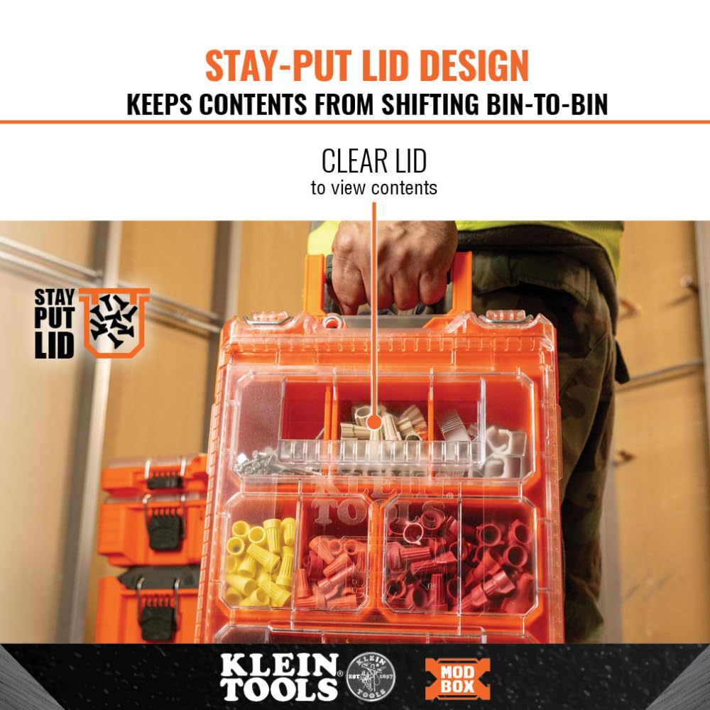 Klein Tools 54806MB MODbox Tall Compartment Box, Full-Width Tool Organizer, Small Parts Tool Box with 20 Compartments, 8 Removable Bins for Fasteners, Stackable Module