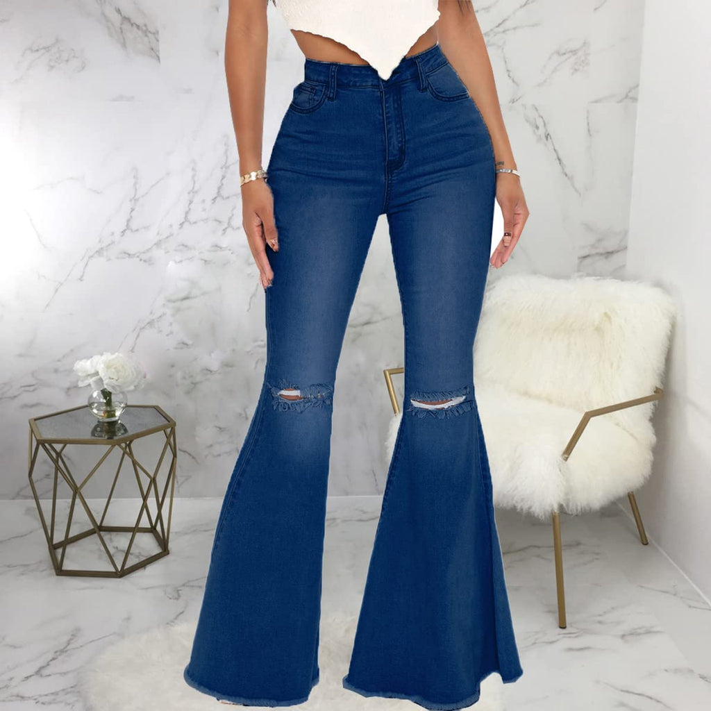 Bell Bottom Jeans for Women Ripped High Waisted Classic Flared Denim Pants
