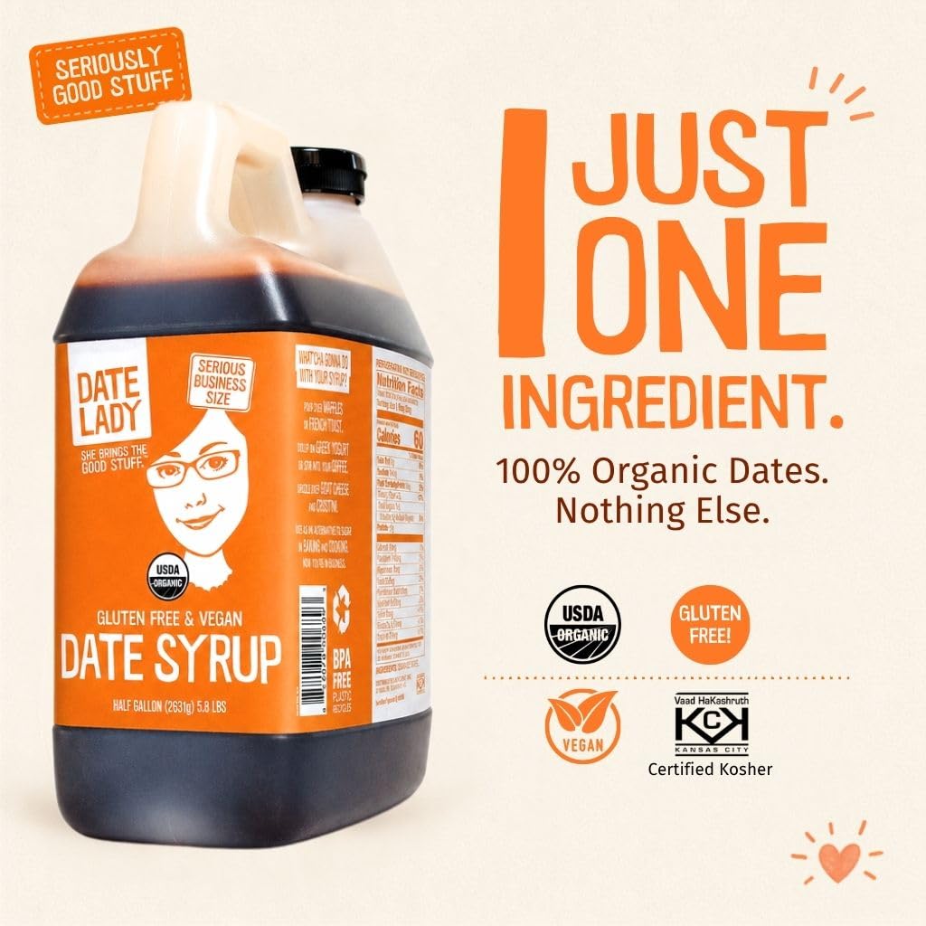 Date Lady Date Syrup 3 lb Squeeze Bottle | 1 ingredient: 100% Organic Dates. Vegan, Paleo, Gluten-free & Kosher | Also Known As Silan, Date Honey and Date Nectar | Sugar Substitute