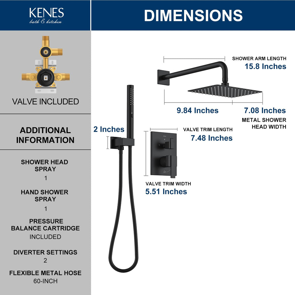 KENES Brushed Nickel 10-Inch Shower Head and Handle Set, Square Shower Faucet Set Bathroom Rainfall Shower System Wall Mount, KE-6024B (Shower Valve Included)