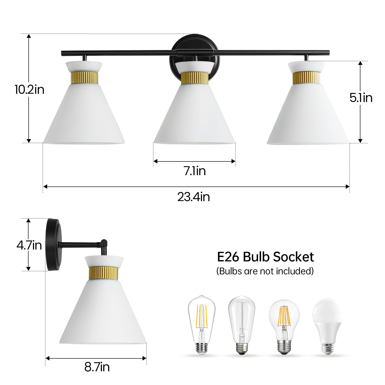 WOSHITU Gold Bathroom Light Fixtures: Modern Vanity Lighting Fixtures 2 Lights for Bathroom Mid Century Vanity Light Sconces Over Mirror with Frosted Milky Glass for Bath Bedroom Makeup