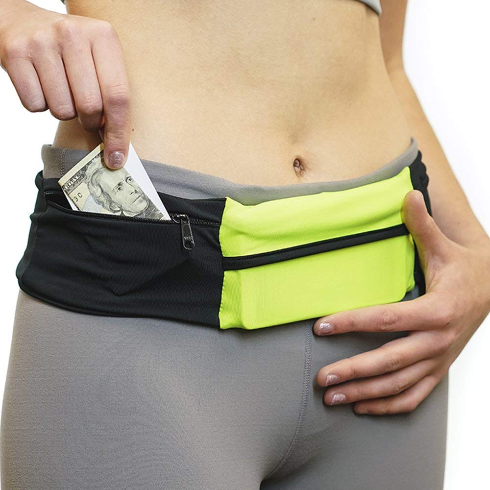 3 Pocket Adjustable Running Belt Waist Pack, Fanny Pack For Working Out With Sweat Resistant Backing, Holds All iPhone Models (Black/Black, X-Small)