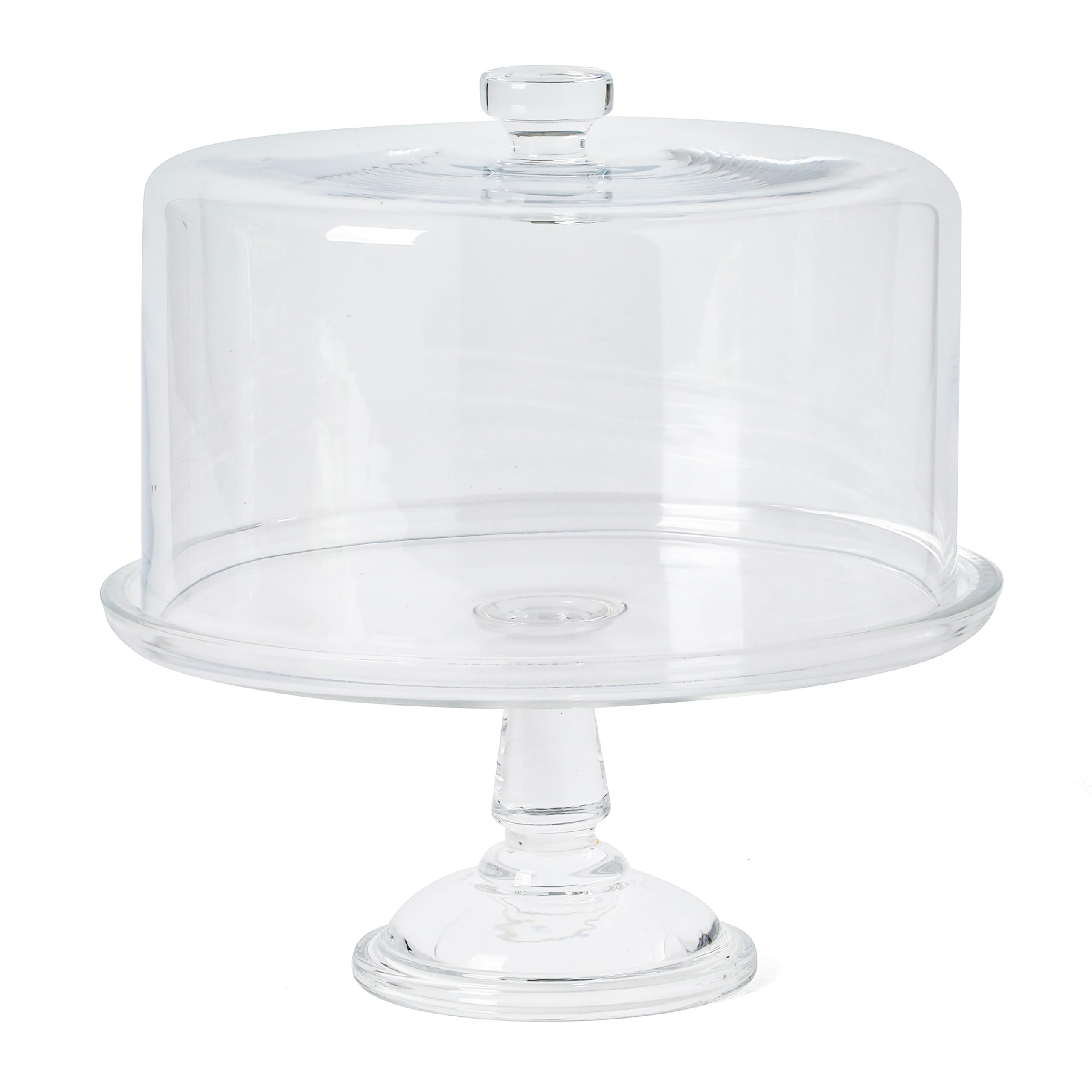 Martha Stewart Watercrest Glass Cake Stand, 10.2 Inch Footed Pedestal Cake Plate with Scalloped Ruffled Edge, Clear Handmade Glassware for Weddings, Parties, and Dessert Display
