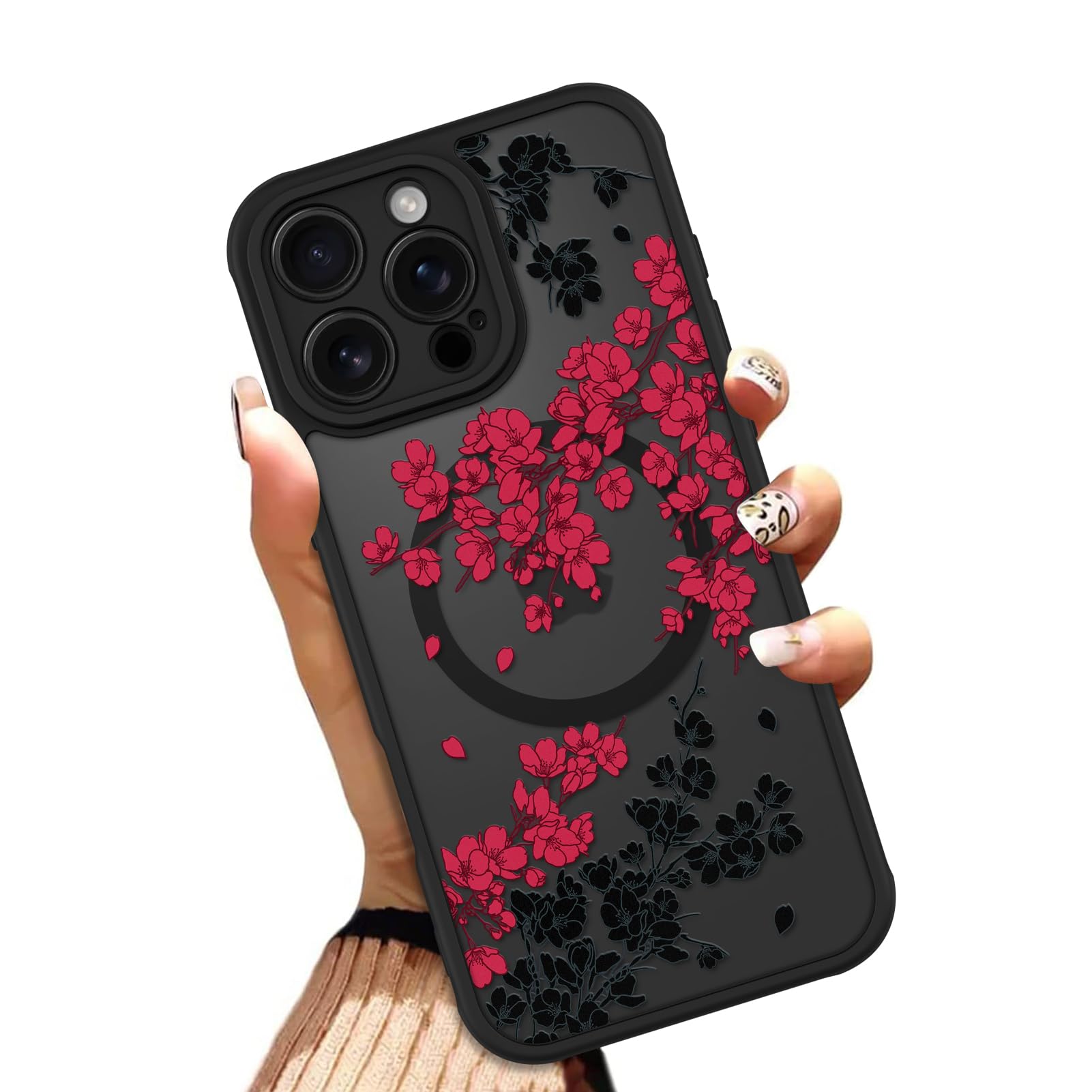 OOK Case for iPhone 11 6.1 Inch (Compatible with MagSafe) Floral Flowers Design Translucent Phone Cover Soft TPU + Hard PC Anti-Scratch Shockproof Magnetic Cute Case for Women - Red