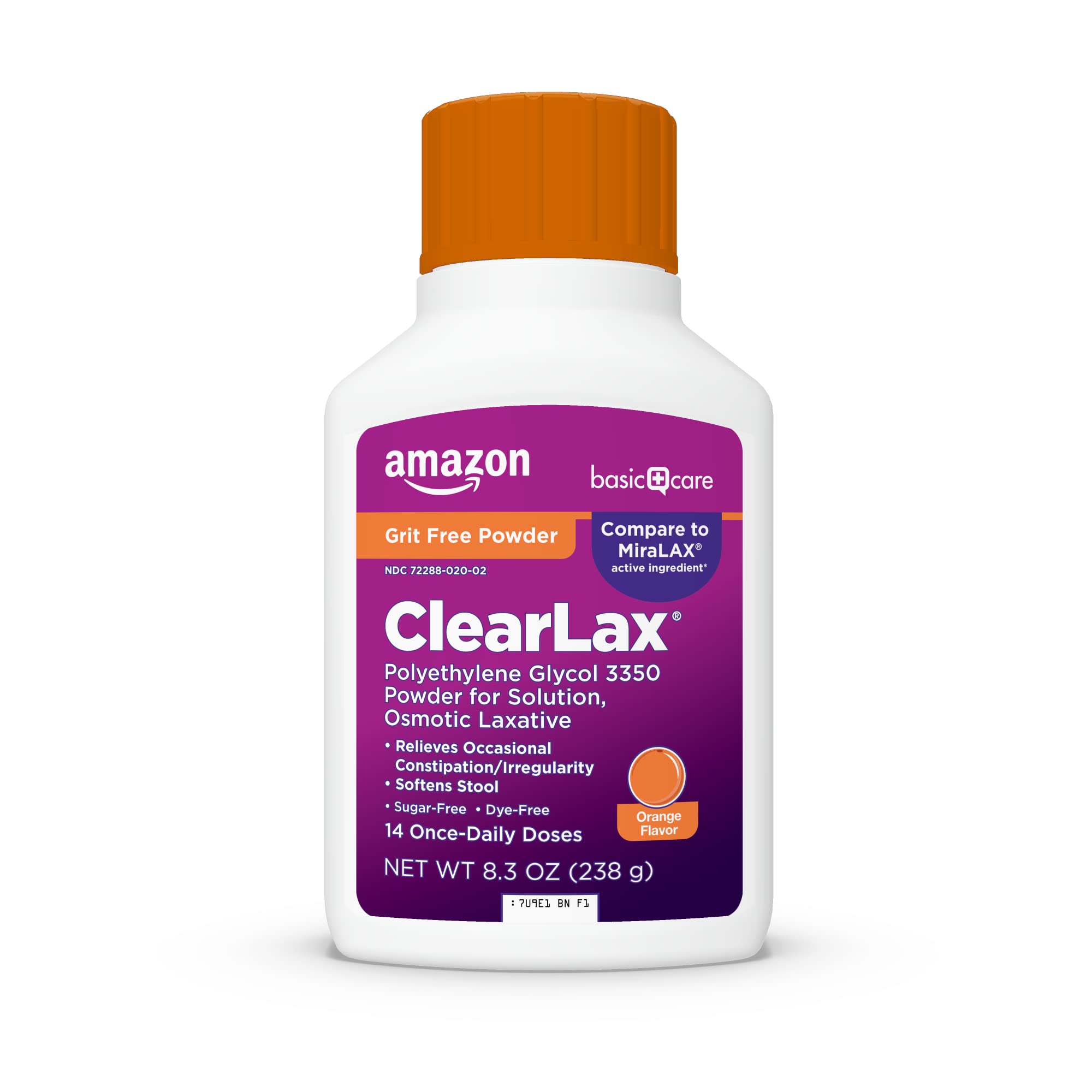 Amazon Basic Care ClearLax Polyethylene Glycol 3350 Powder for Solution, Orange Flavor, Osmotic Laxative, Stool Softener, Relieves Occasional Constipation, 8.3 ounce (Pack of 1)