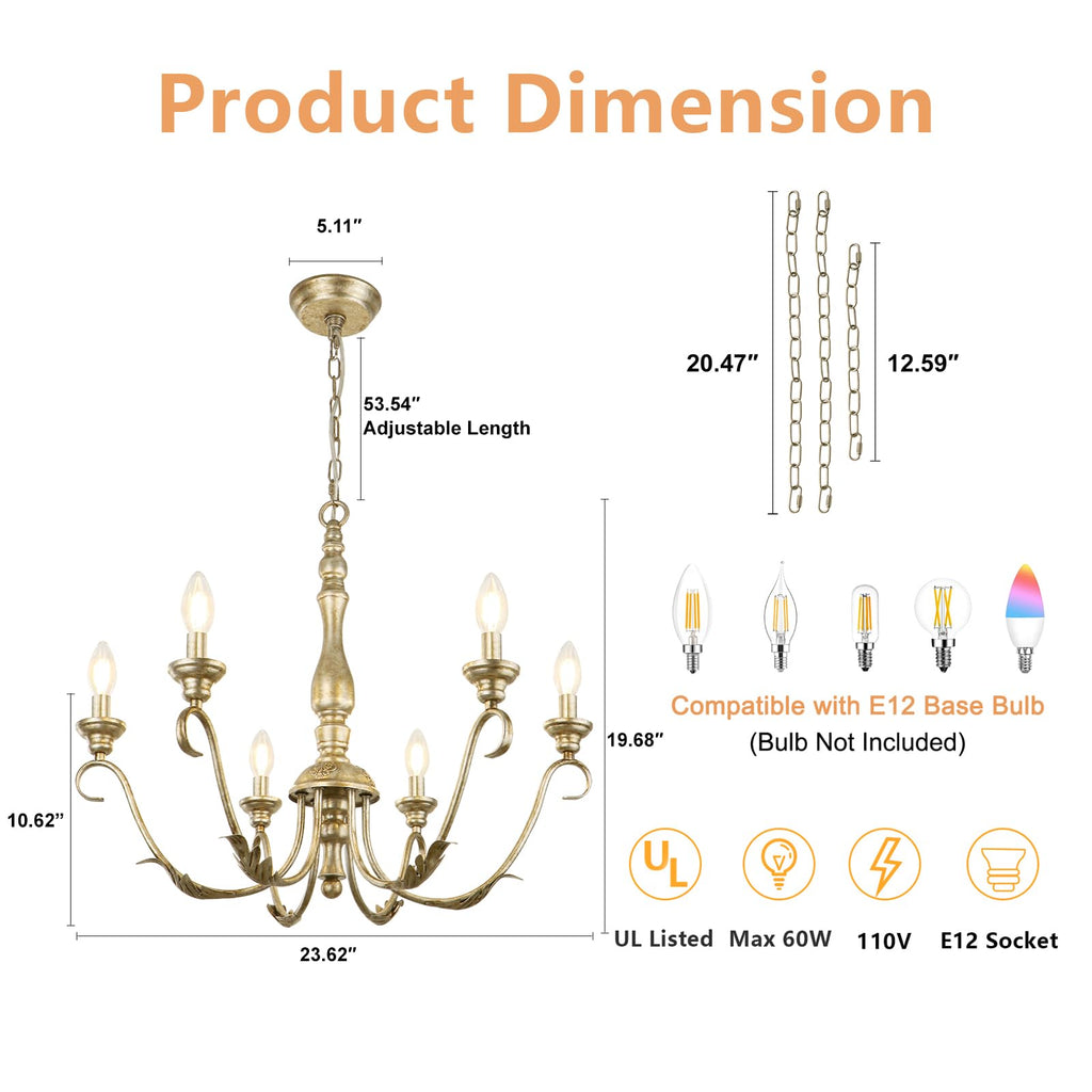 6-Light Farmhouse Chandeliers for Dining Room, 23.62'' Vintage Brass Gold Chandelier, Adjustable Rustic Metal Hanging Pendant Light Fixture for Kitchen Island Entryway Foyer Bedroom Hallway