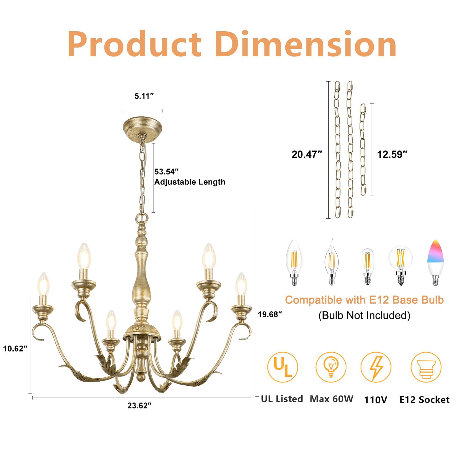 6-Light Farmhouse Chandeliers for Dining Room, 23.62'' Vintage Brass Gold Chandelier, Adjustable Rustic Metal Hanging Pendant Light Fixture for Kitchen Island Entryway Foyer Bedroom Hallway