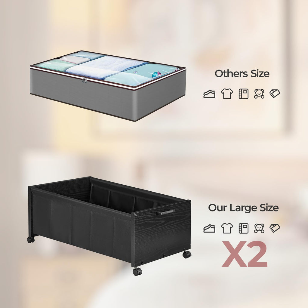 FOUCSSOMEI Under Bed Storage with Wheels, Wooden Under Bed Drawers On Wheels, Rolling Under Bed Shoe Storage, Space Saving, Black,30L