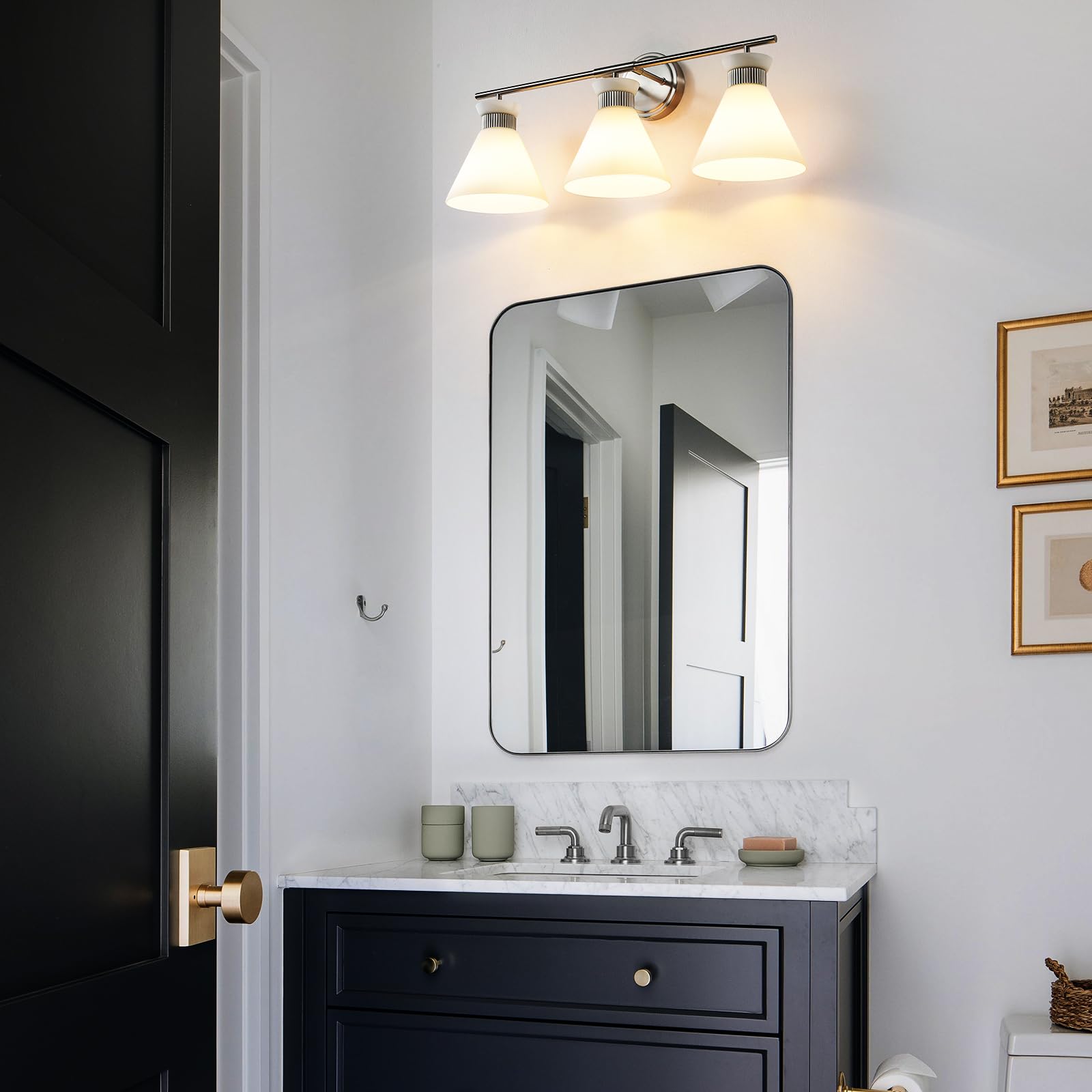 WOSHITU Gold Bathroom Light Fixtures: Modern Vanity Lighting Fixtures 2 Lights for Bathroom Mid Century Vanity Light Sconces Over Mirror with Frosted Milky Glass for Bath Bedroom Makeup