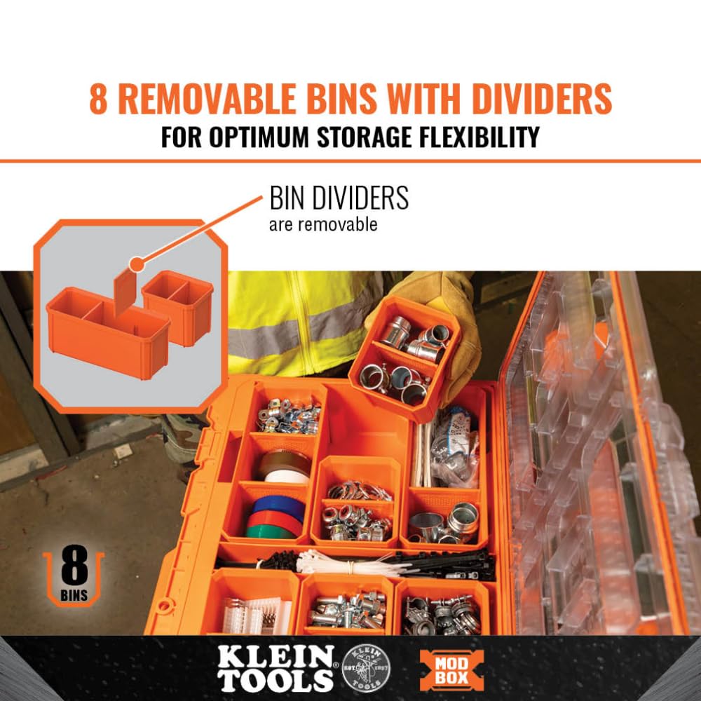 Klein Tools 54806MB MODbox Tall Compartment Box, Full-Width Tool Organizer, Small Parts Tool Box with 20 Compartments, 8 Removable Bins for Fasteners, Stackable Module