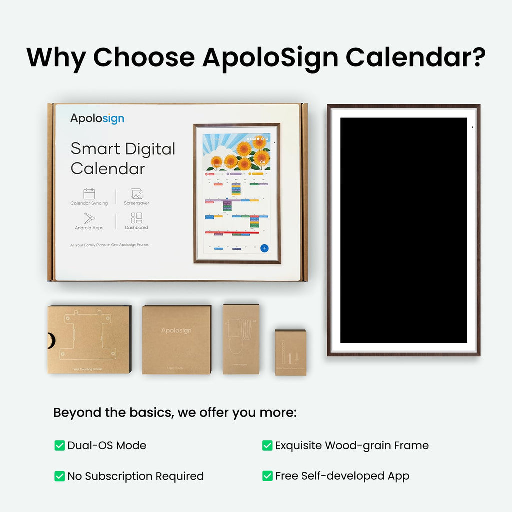 Apolosign 27-inch Digital Calendar & Smart Family Wall Planner, No Subscription, Calendar & Dashboard Dual-Mode System, Shared Touchscreen Display with Calendar Sync, Chore Charts & Family Scheduling Hub, Wall Mount Included (Black)