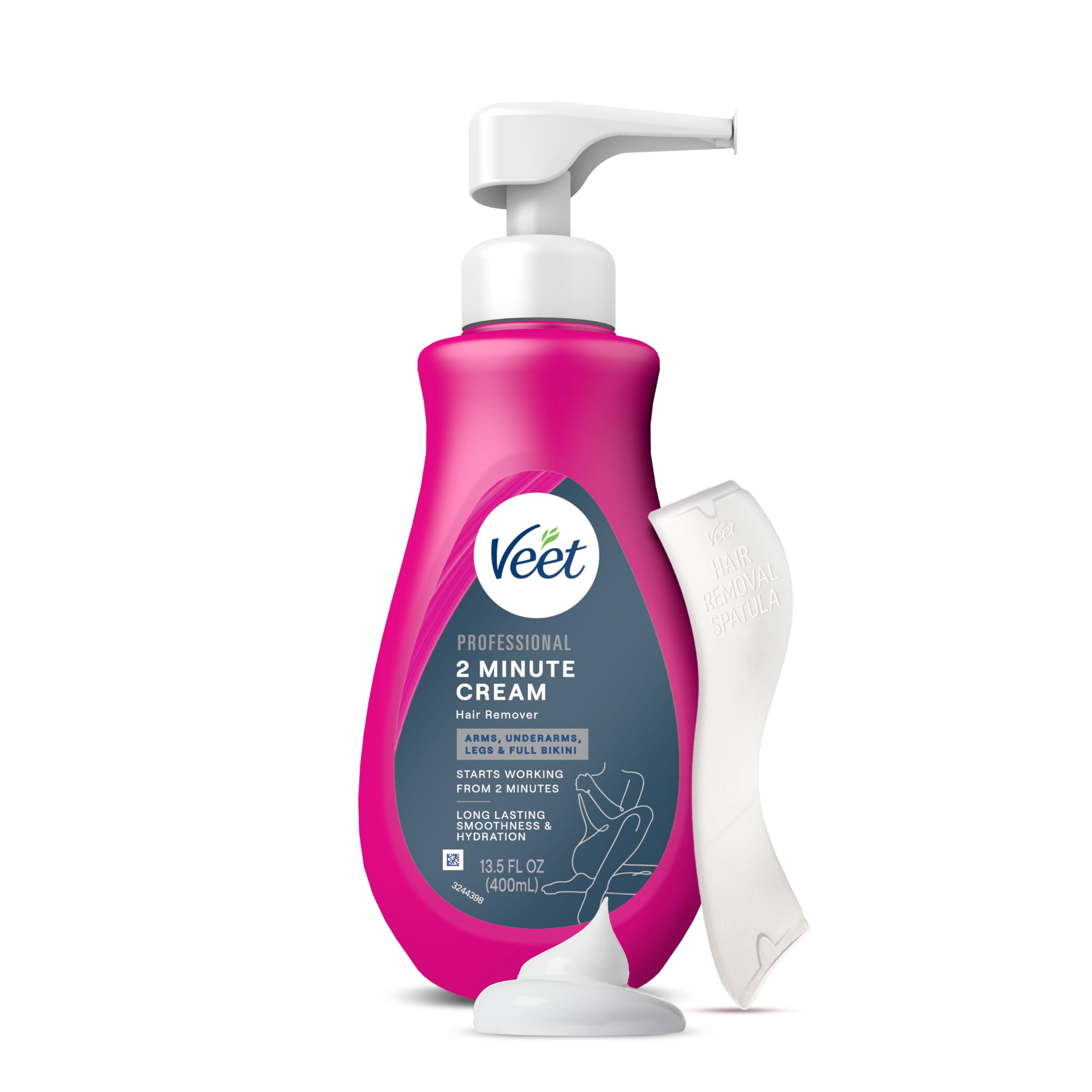 VEET Professional 2 Minute Cream for All Skin Types with Shea Butter, Effective Full Bikini & Pubic Hair Removal, Dermatologically Tested, 13.5 FL OZ Bottle w/Spatula