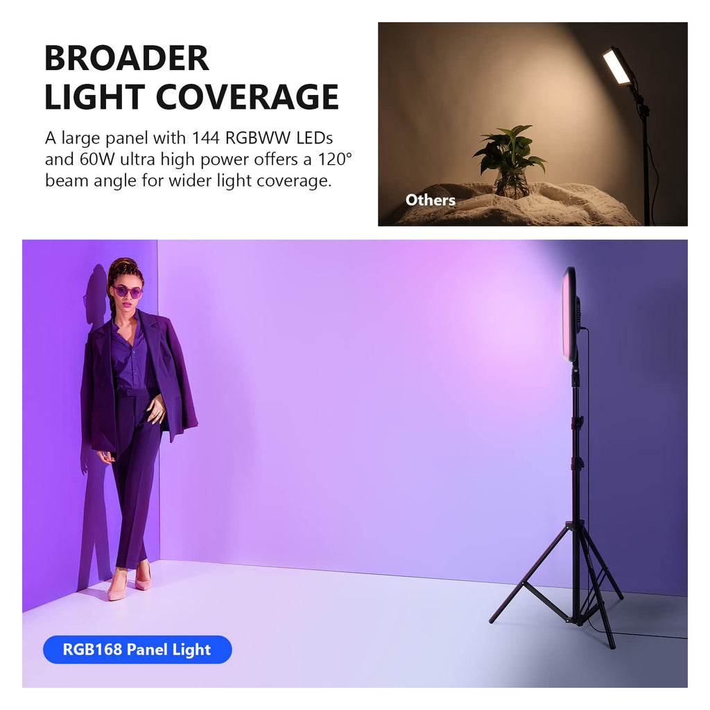 NEEWER RGB168 18.3" RGB LED Video Panel Light with App Control, Bluetooth, 2 Pack Tripod Stand Kit, 60W/360° Full Color/2500-8500K/CRI97+, Studio Photography/YouTube/Game Streaming