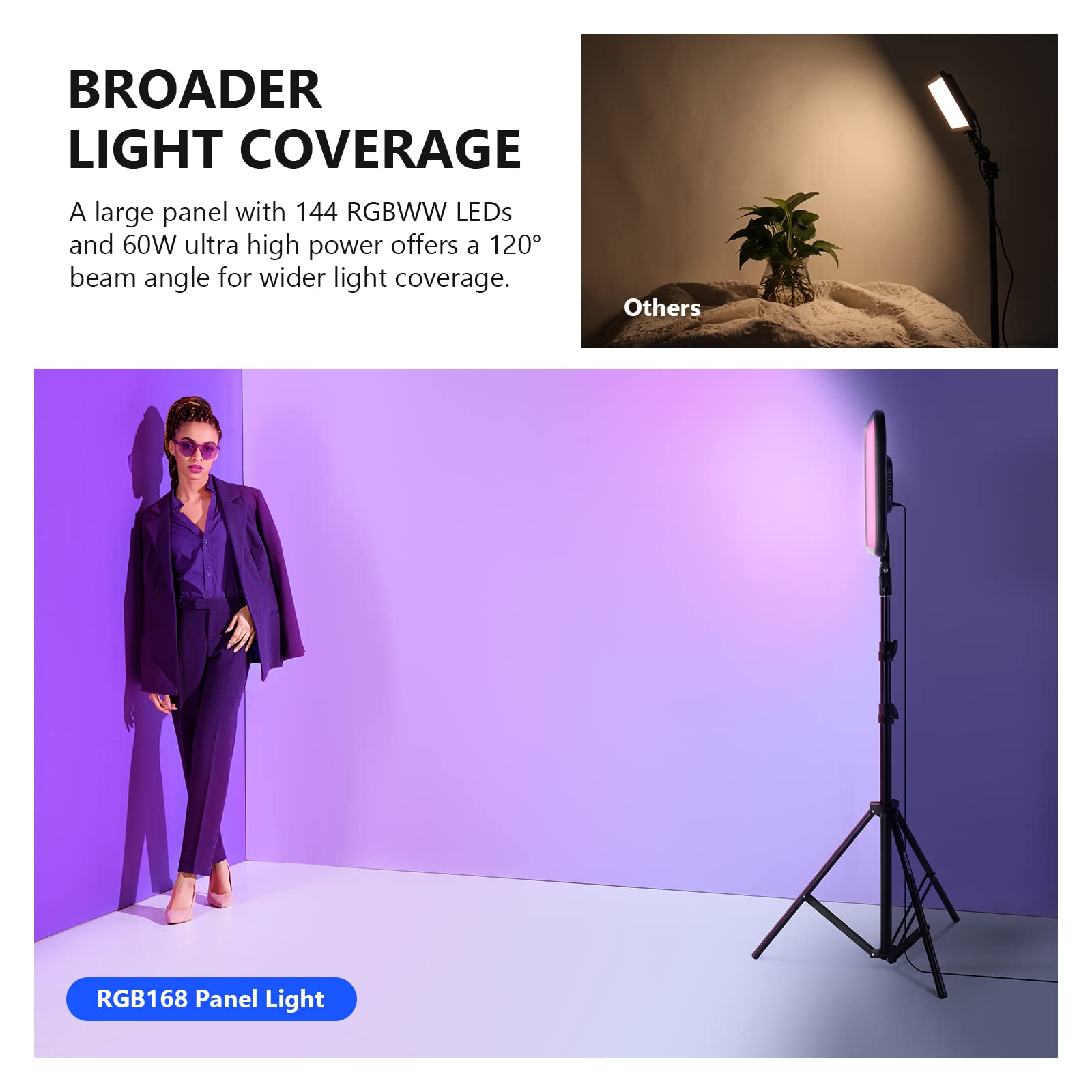 NEEWER RGB168 18.3" RGB LED Video Panel Light with App Control, Bluetooth, 2 Pack Tripod Stand Kit, 60W/360° Full Color/2500-8500K/CRI97+, Studio Photography/YouTube/Game Streaming