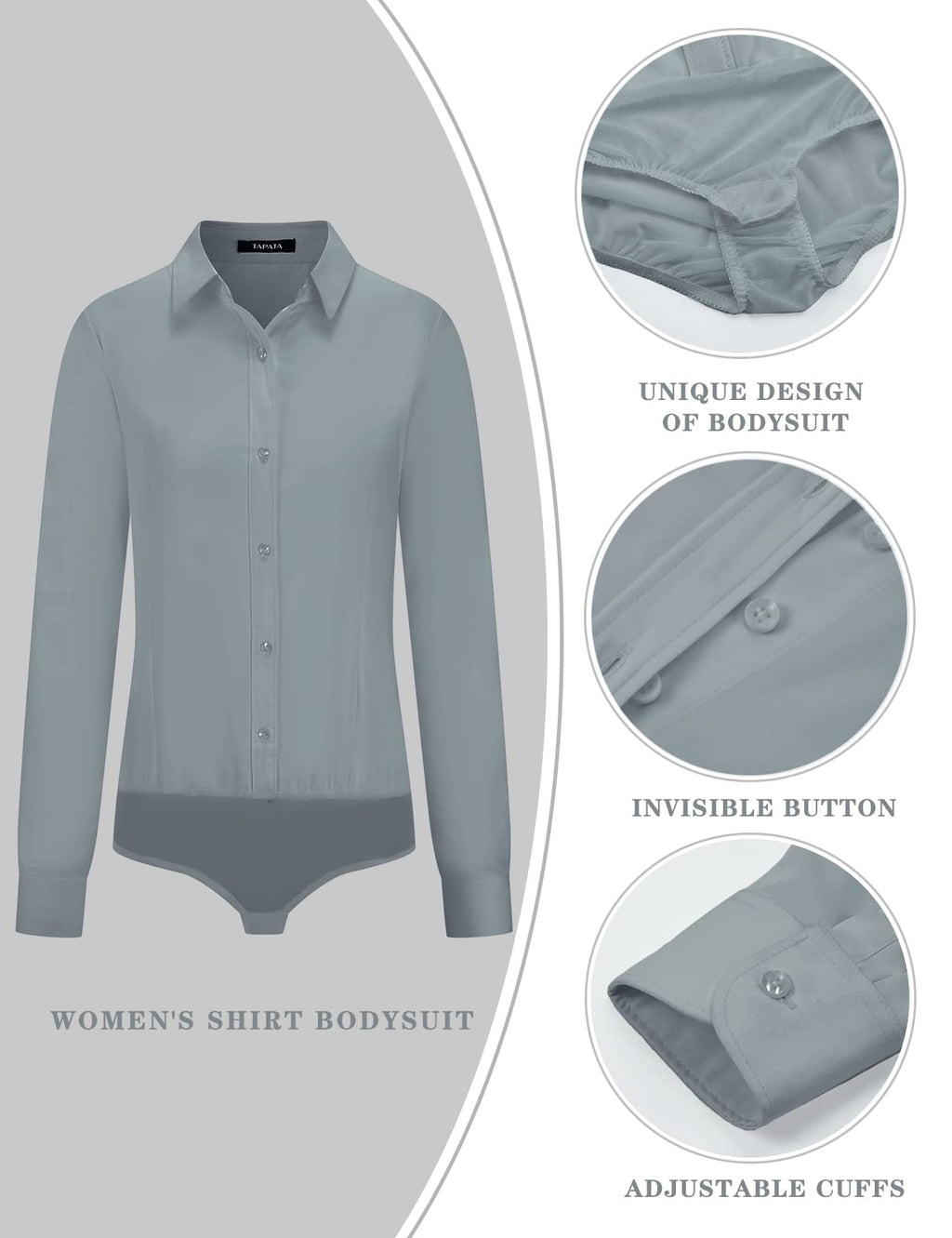 Tapata Womens Bodysuit Blouse Button Down One-Piece Long Sleeve Solid Office Work Shirt Casual Tops