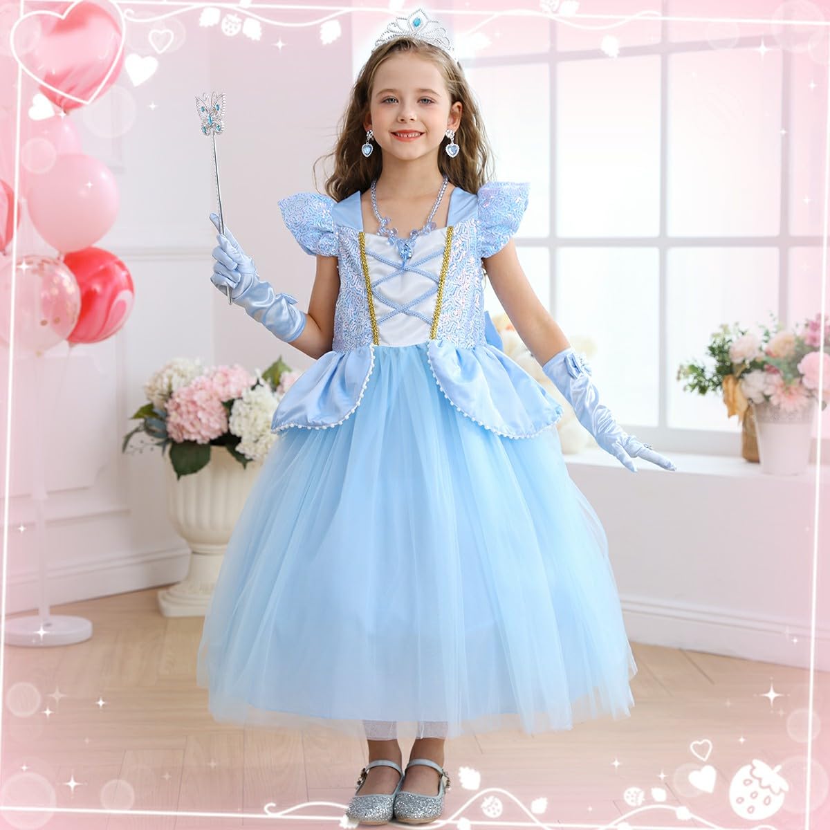 Blue Princess Dress for Little Girls with Accessories Halloween Birthday Party Costume