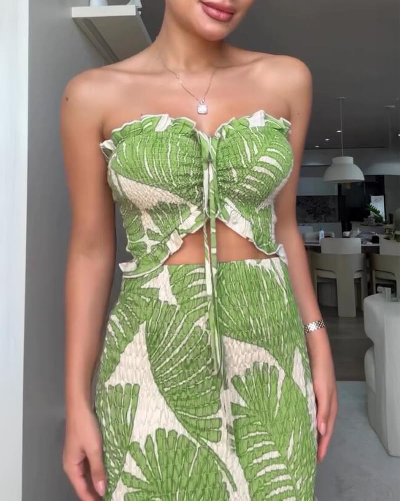 CHICME Floral Printed Vacation Dress Halter Tie Ruched Shirred Bandeau Party Dress Slim Ruffle Hem Wedding Guest Dress