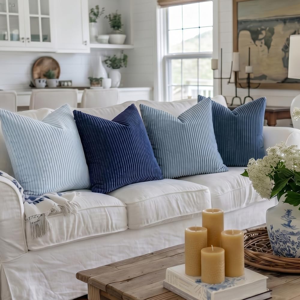 LANANAS Neutral Couch Throw Pillow Covers 18x18 Inch Set of 4 Decorative Farmhouse Boho Throw Pillows for Living Room, Couch, Bed, Sofa Soft Corduroy Accent Home Decor (Blue Ocean, 18x18 Inch)