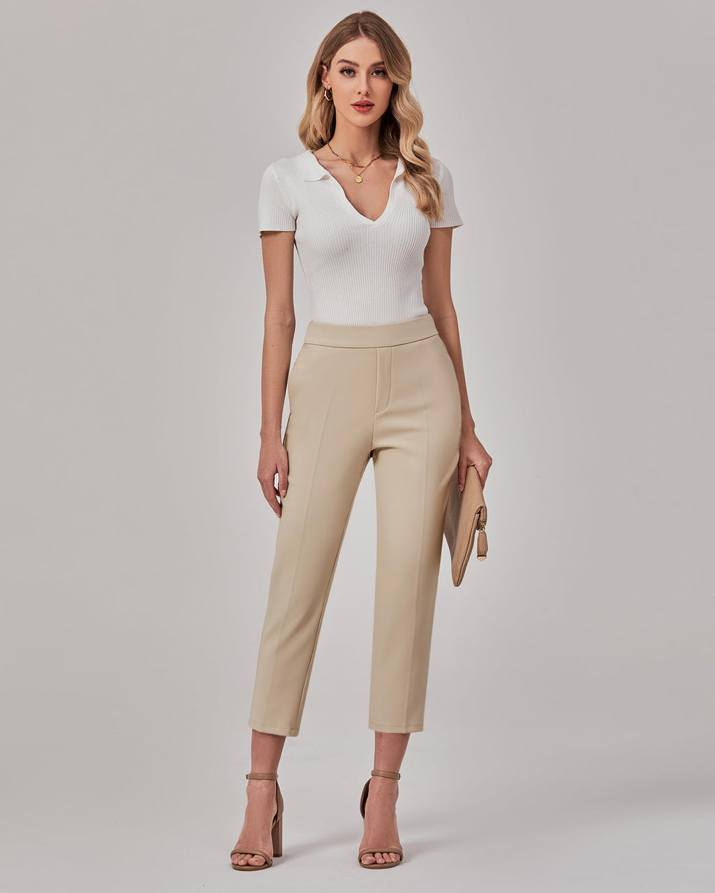GRAPENT Capri Pants for Women High Waisted Pull On Dress Pants Slim Straight Leg Stretchy Waist Capris Trousers Pants
