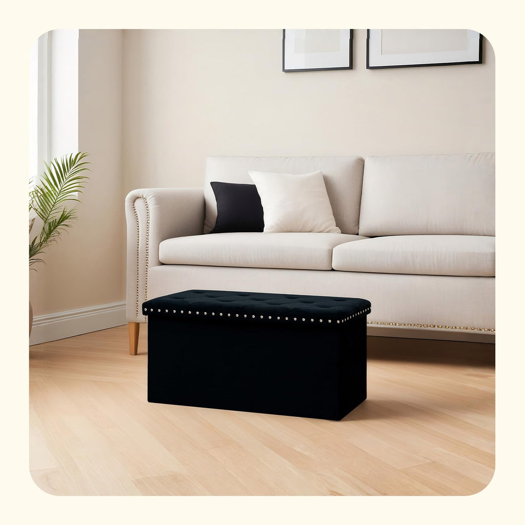 PINPLUS Folding Storage Ottoman Bench, Folding Velvet Tuffed Foot Rest Stool with Rivet, End of Bed Bench Large Long Shoes Chest for Bedroom Entryway Living Room, Beige, 41.3 Inches