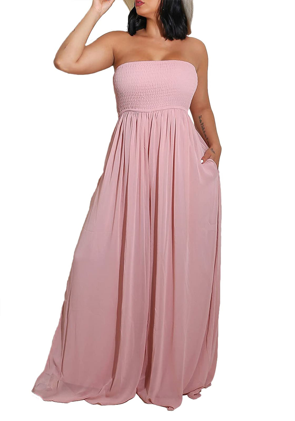 Ophestin Women's Strapless Tube Wide Leg Jumpsuits Smocked Women Jumpsuits Dressy Casual Flowy One Piece Jumpsuits Rompers