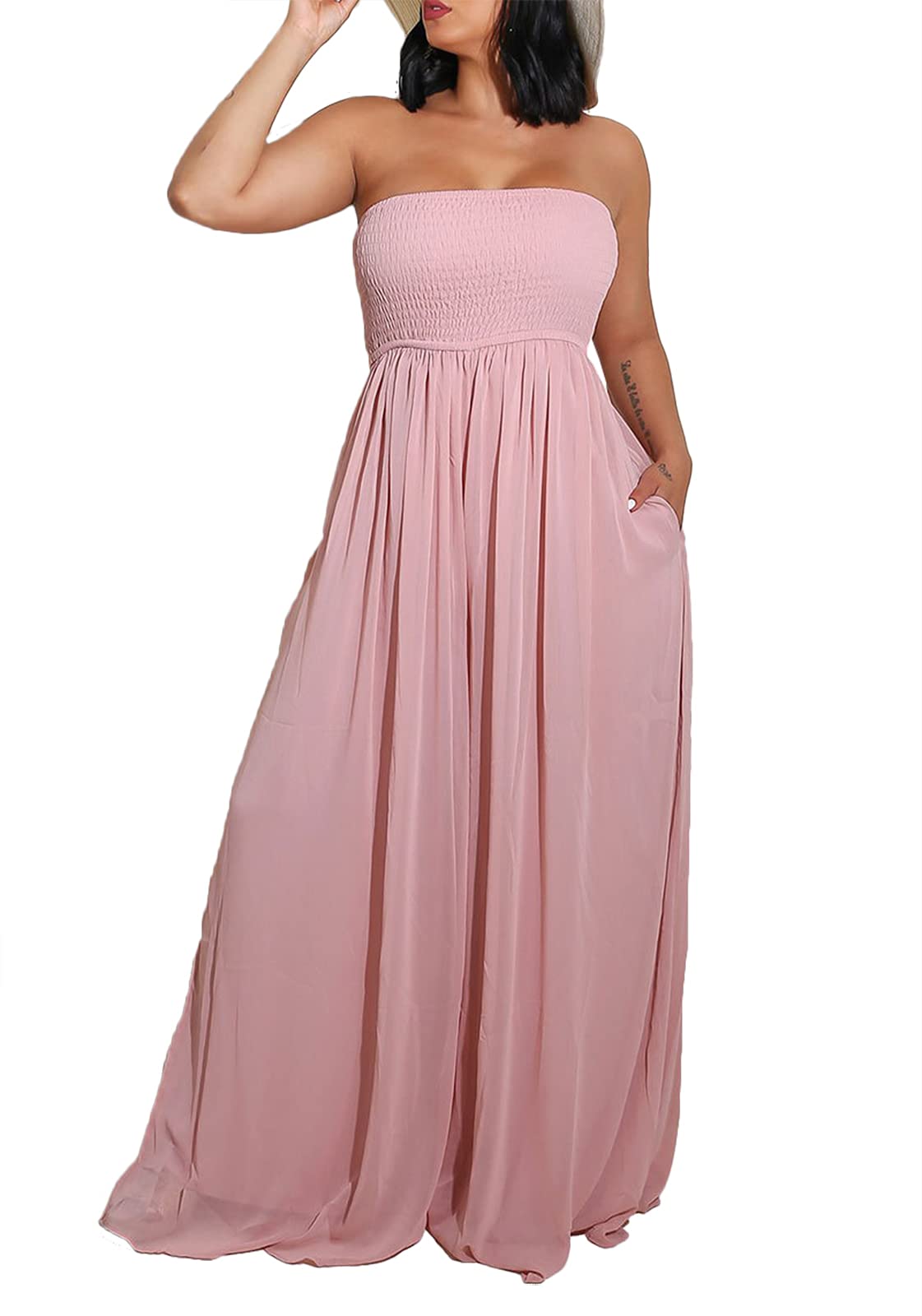 Ophestin Women's Strapless Tube Wide Leg Jumpsuits Smocked Women Jumpsuits Dressy Casual Flowy One Piece Jumpsuits Rompers