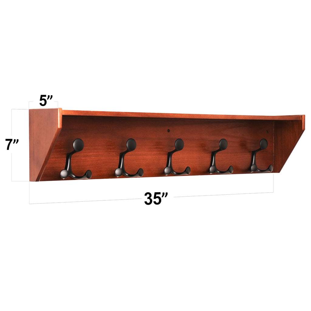 SKOLOO Wall Shelf with Hooks, 24-Inch Cherry Coat Rack Wall Mount with Shelf Organizer - Heavy Duty, 4 Tri Hooks - Perfect for Entryway, Hallway, Living Room, Bedroom, Mudroom