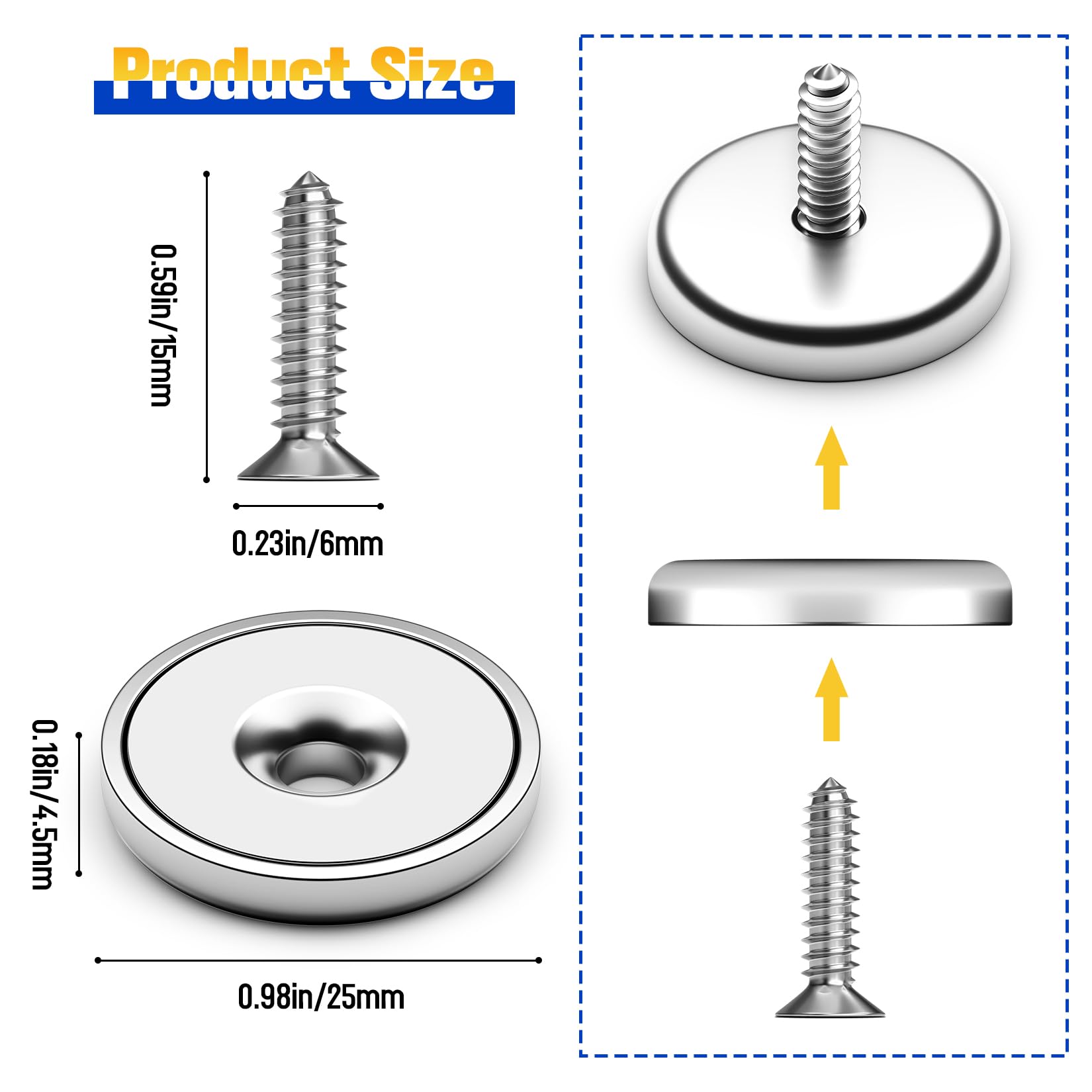 VNDUEEY Magnets with Holes, Strong Rare Earth Magnets, 8 Pack 40LBS Neodymium Cup Magnet with Stainless Screws for Wall Mounting, Round Base Disc Magnet for Kitchen, Office, Workplace, DIY Craft