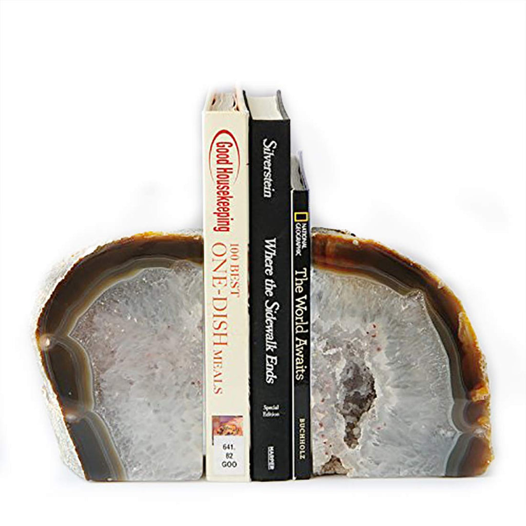 JIC Gem Black Agate Geode Bookends 2-3 Lbs Anti-Slip Rubber Pads Heavy Duty | 1Pair Natural Black Agate Crystal Decor for Shelves & Desk, Unique Small Stone Book Holder Gift for Office & Home Decoration