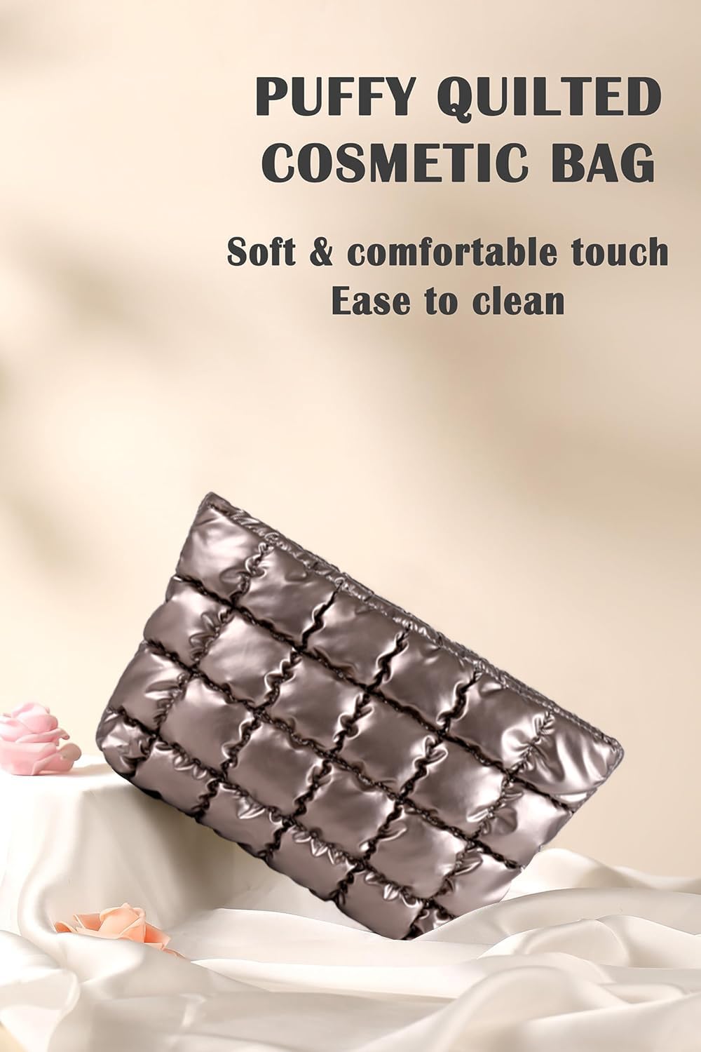 Puffy Quilted Makeup Bag for Women, Cosmetic Bag, Travel Toiletry Organizer Pouch Clutch (Black Flowers)