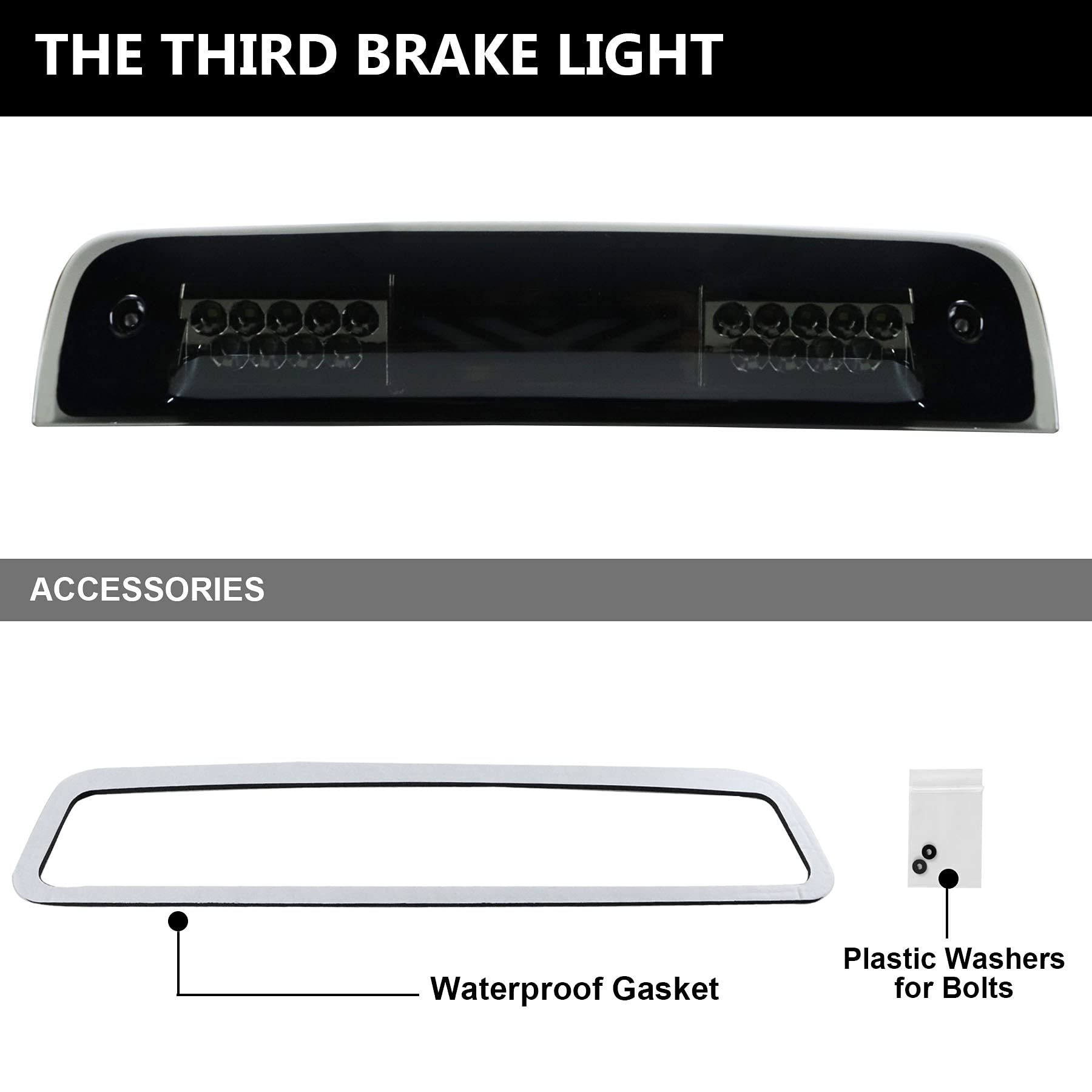 Tresound For 1994-2001 Dodge Ram 1500/2500/ 3500 Third 3rd LED Brake Light Cargo Lamp High Mount Brake Light Replacement (Black+ Smoke Lens)