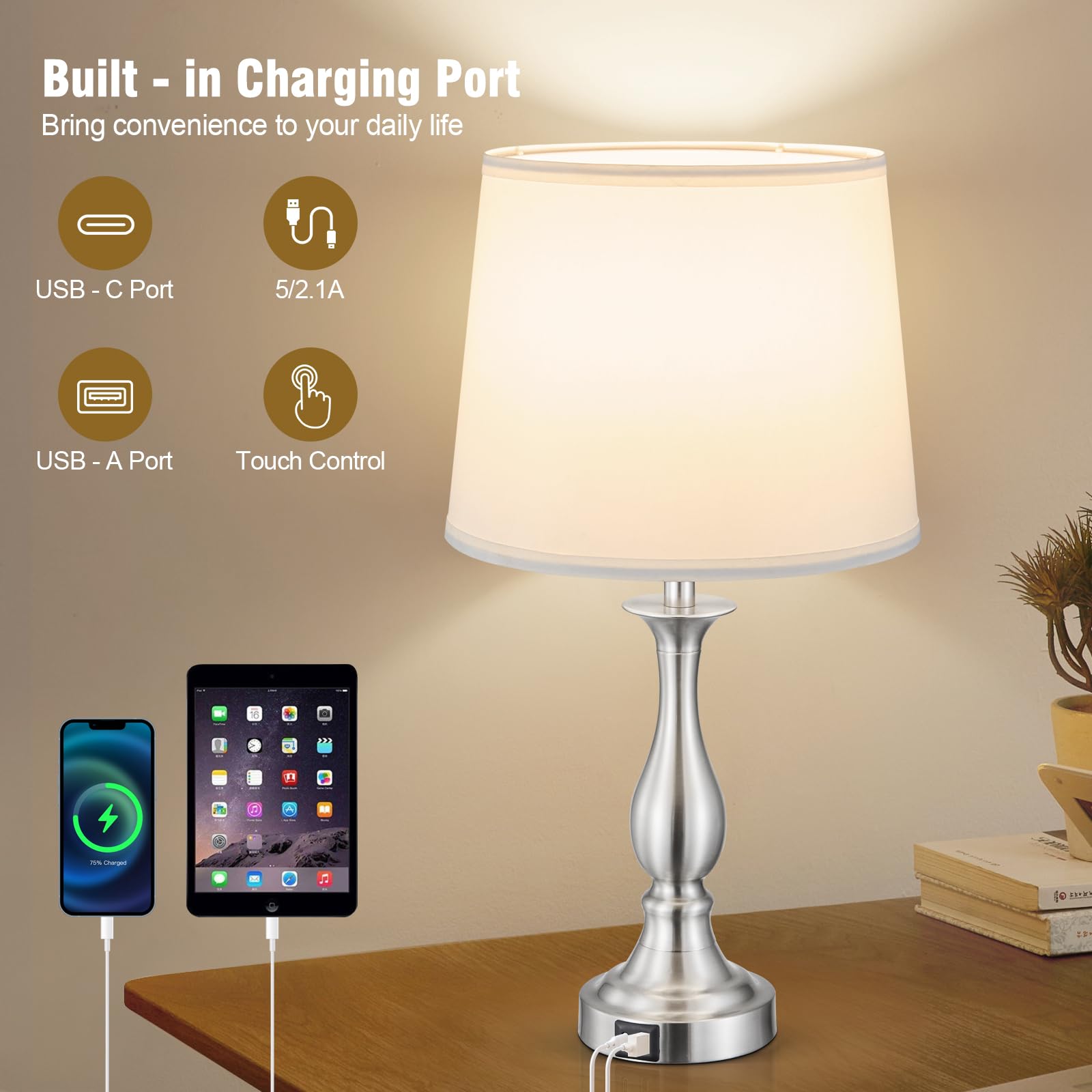 Bedside Table Lamp Touch Control Bedroom Lamps with USB A and C Charging Port 3 Way Dimmable Touch Lamps for Nightstand Living Room Bedroom Dorm Home Office Reading, Set of 2