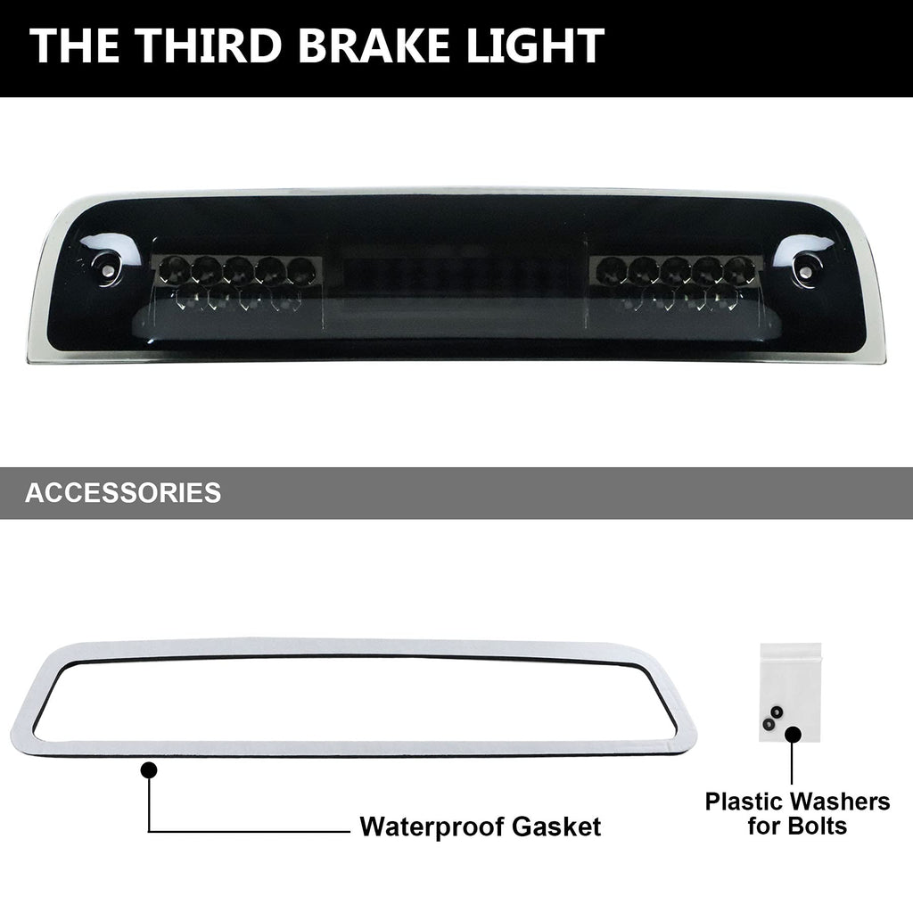 Tresound For 1994-2001 Dodge Ram 1500/2500/ 3500 Third 3rd LED Brake Light Cargo Lamp High Mount Brake Light Replacement (Black+ Smoke Lens)