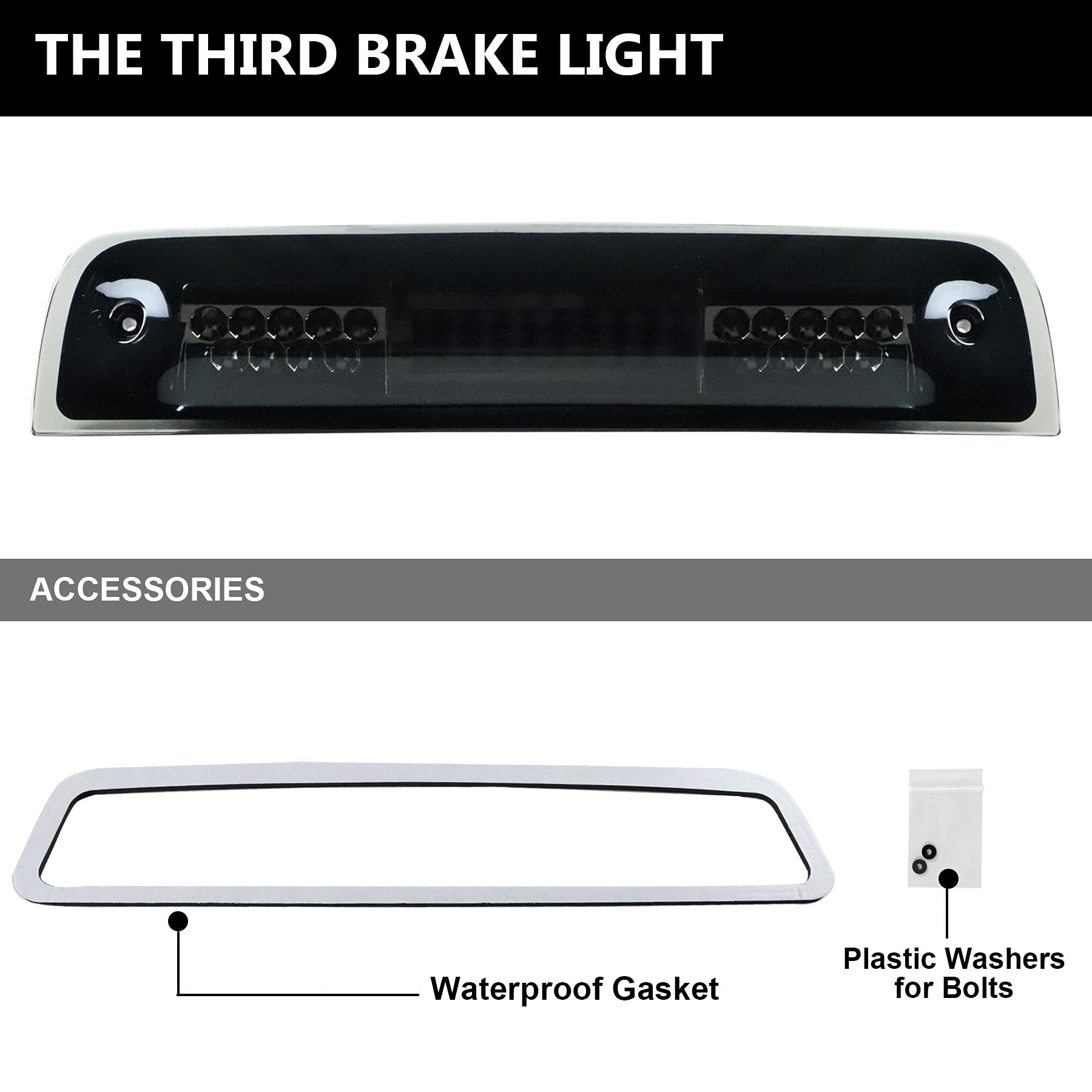 Tresound For 1994-2001 Dodge Ram 1500/2500/ 3500 Third 3rd LED Brake Light Cargo Lamp High Mount Brake Light Replacement (Black+ Smoke Lens)