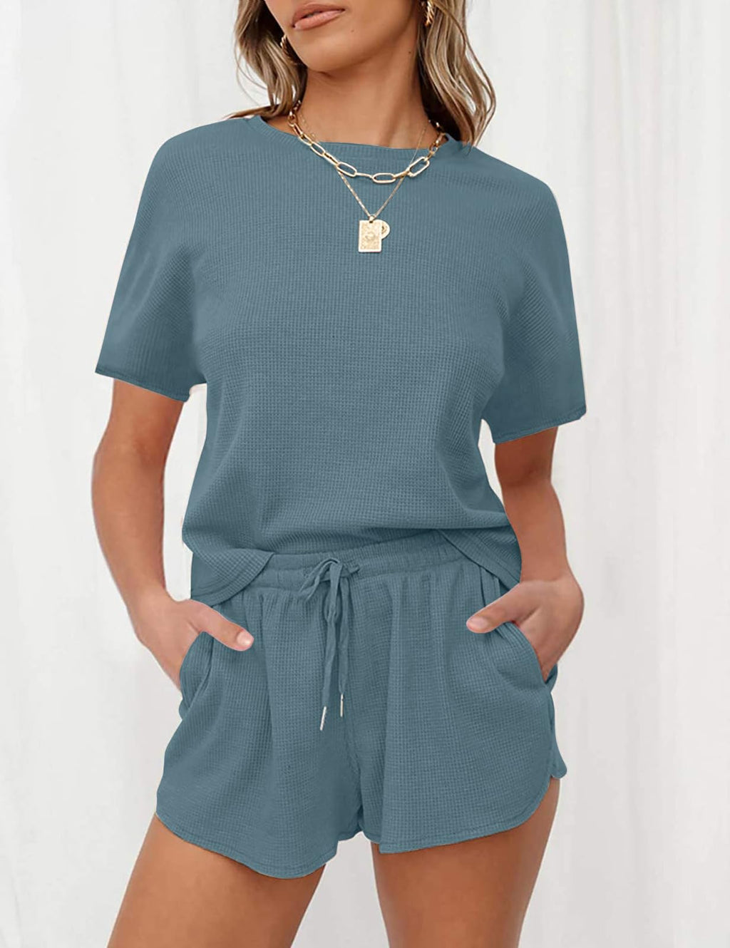 MEROKEETY Women's Short Sleeve Waffle Pajama Sets Lounge Top and Shorts 2 Piece Tracksuit Outfits