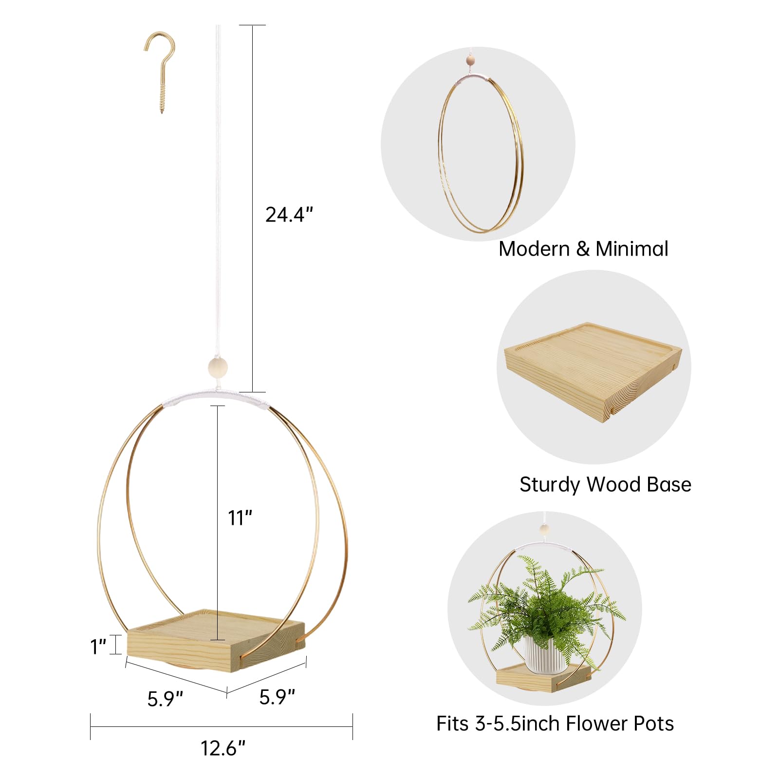 Hanging Planter for Indoor Plants, Black Plant Hanger Indoor with Sturdy Wood Base, Modern Boho Macrame Plant Hanger for 3-5.5 Inch Pot, Hanging Wall Ceiling Window Home Decor (Pots Not Included)