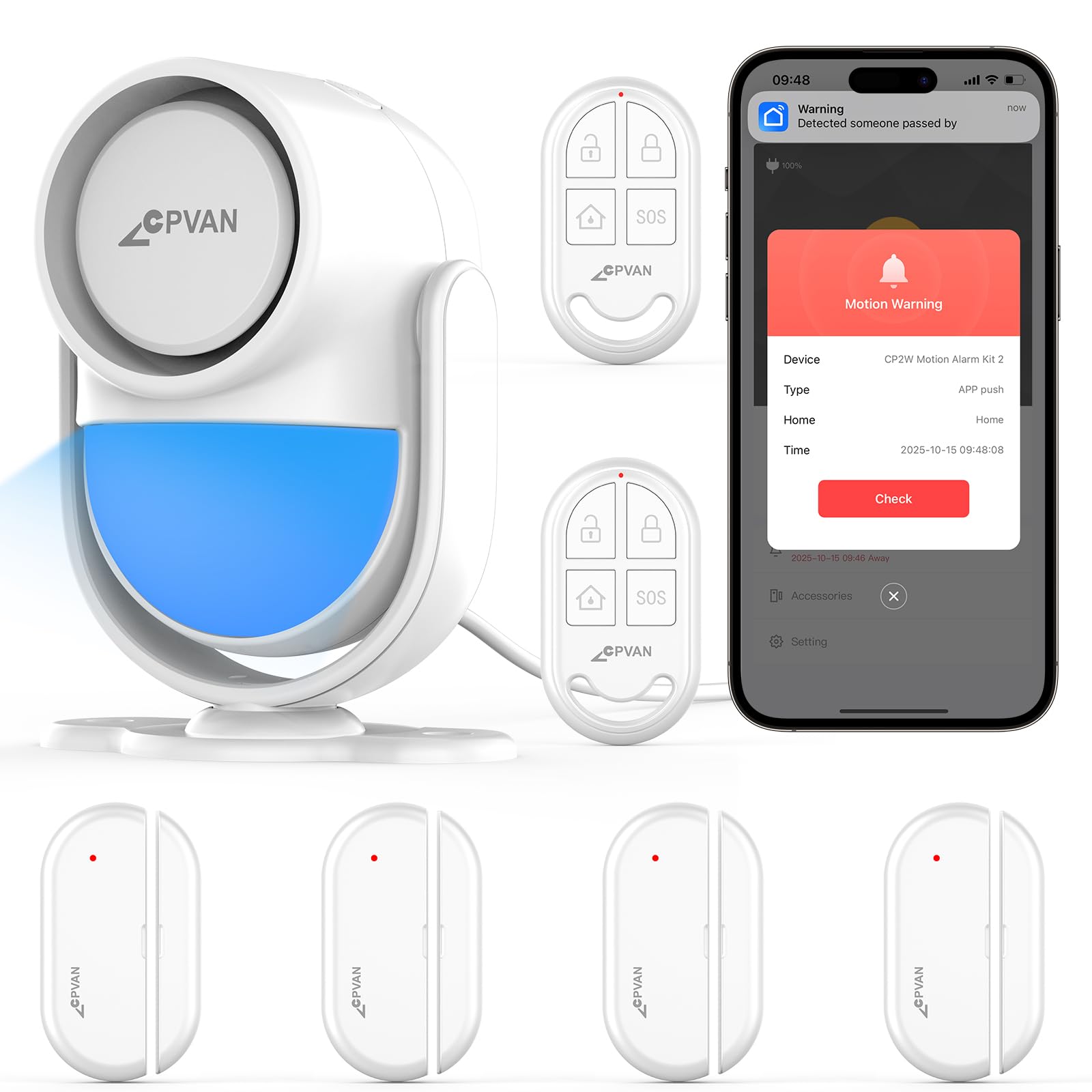CPVAN WiFi Motion Sensor Alarm, 125dB Smart PIR Motion Detector with Phone App Alerts, Wireless Indoor Home Security Alarm System with Remote, 2.4GHz WiFi, Black