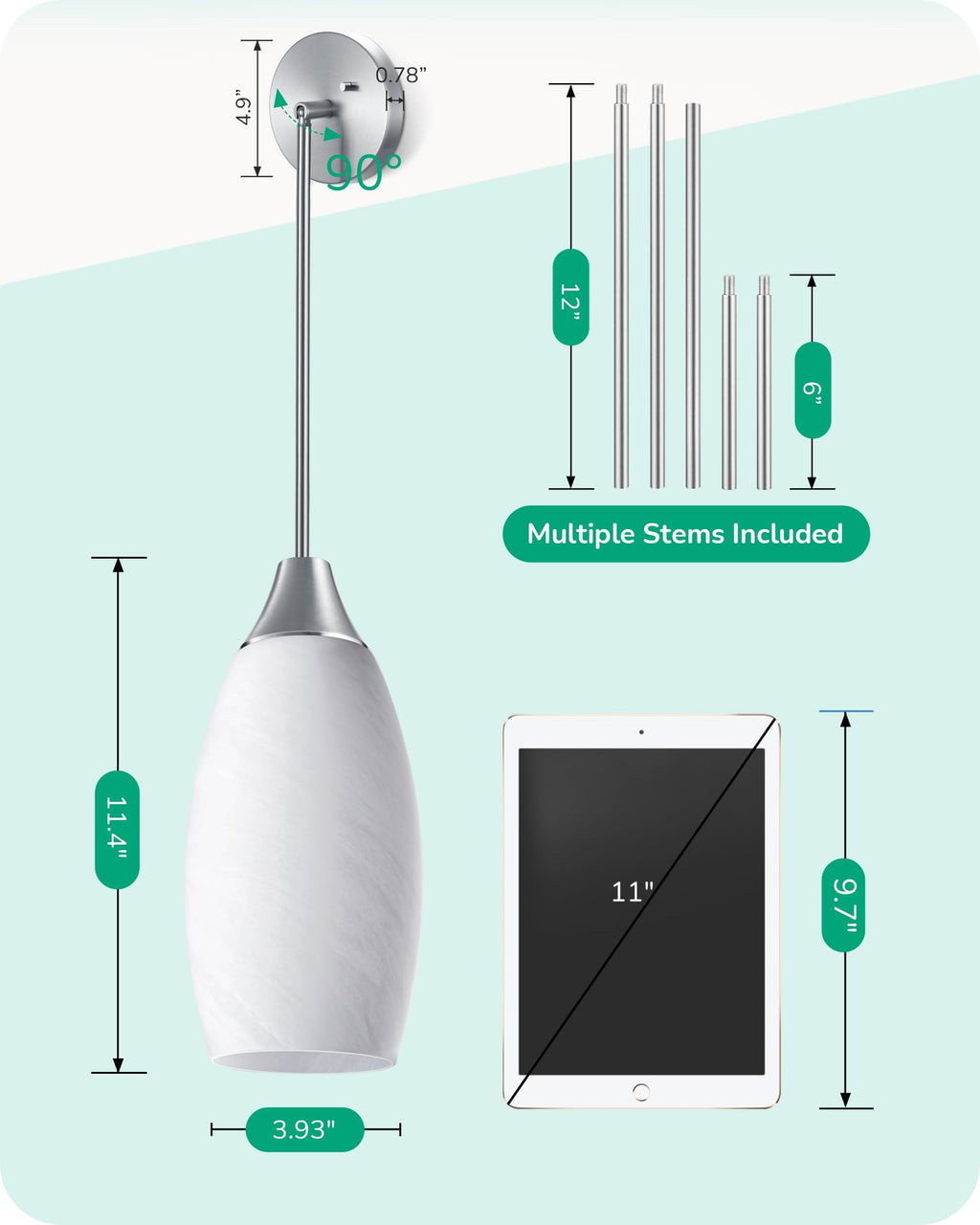 EDISHINE Pendant Light, Hand Blown Hanging Light Fixture, Adjustable Brushed Nickel Rods, 5.12" D x 11.4" H Shade, Blue Glass Pendant Lighting for Kitchen Island, Sink, Bathroom, Dining Room