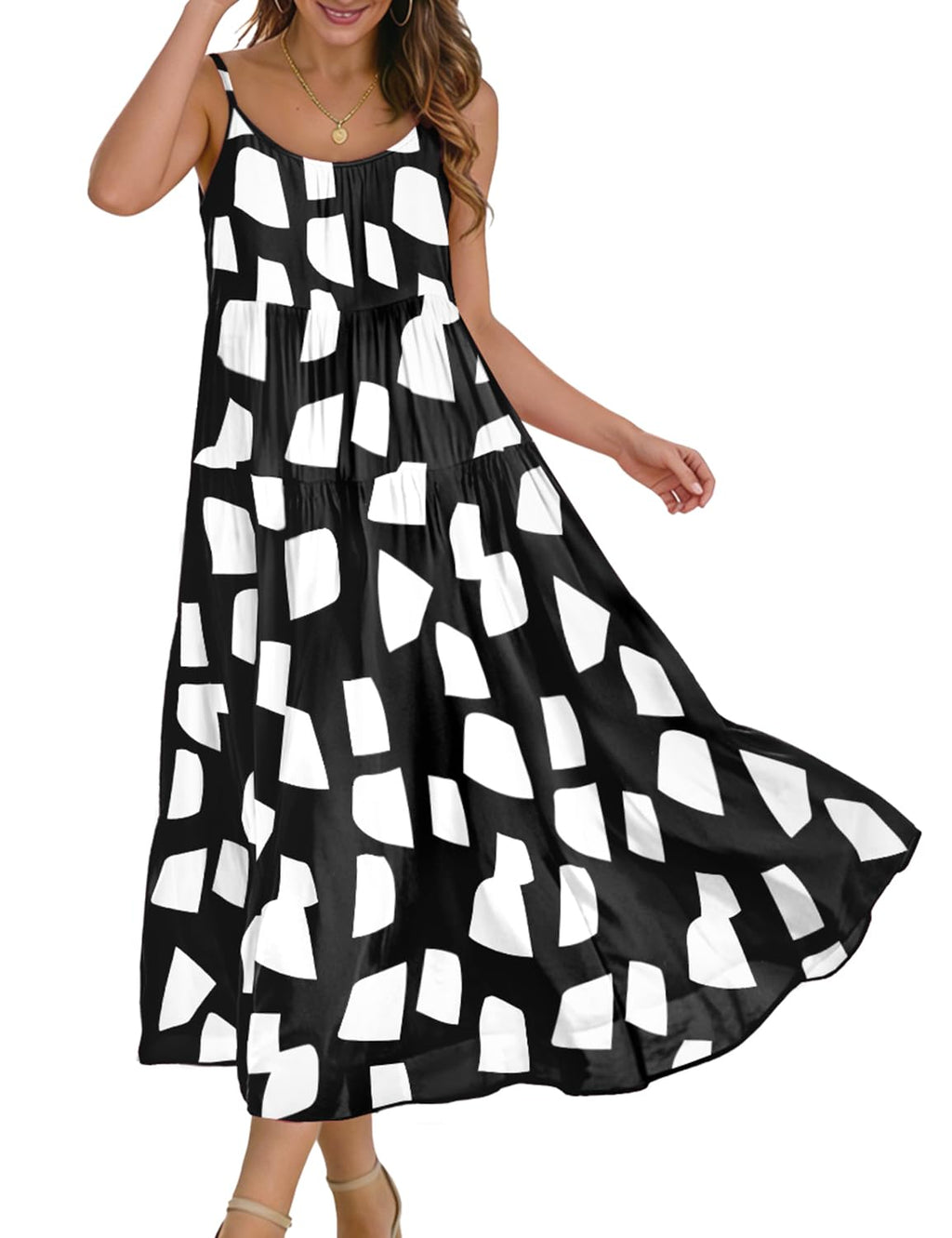 YESNO Summer Bohemian Floral Dresses for Women Spaghetti Straps Maxi Dress Casual Flowy Dresses with Pockets ES0
