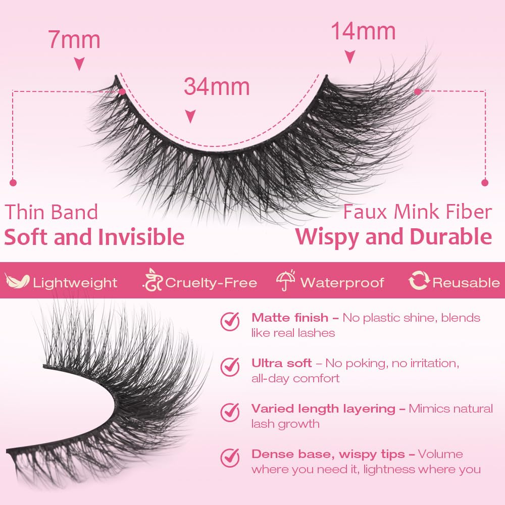 False Lashes Natural Look Wispy Eyelashes Manga Korean Spiky 16mm Short Faux Mink Eyelashes Cat Eye Natural Fake Eyelashes Strip Lashes Pack 14 Pairs