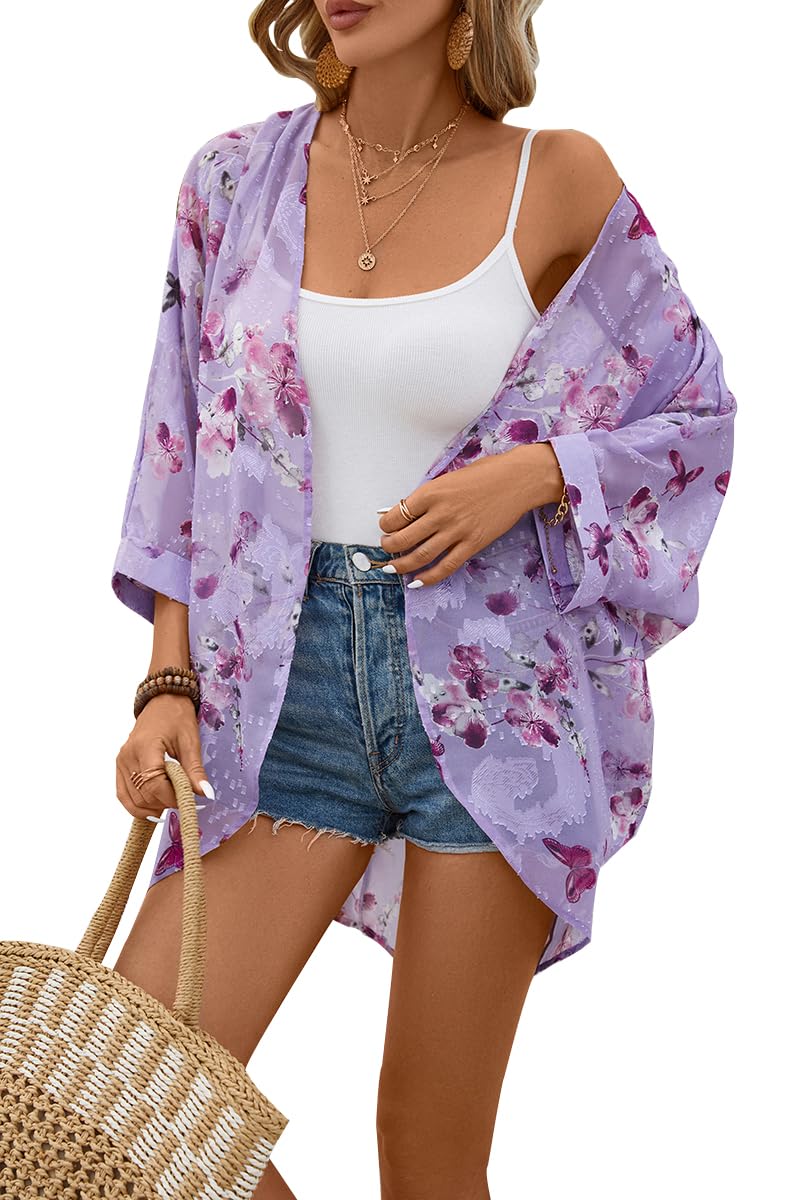 olrain Women's Floral Print Sheer Chiffon 3/4 Bat Sleeve Casual Loose Kimono Cardigan Capes