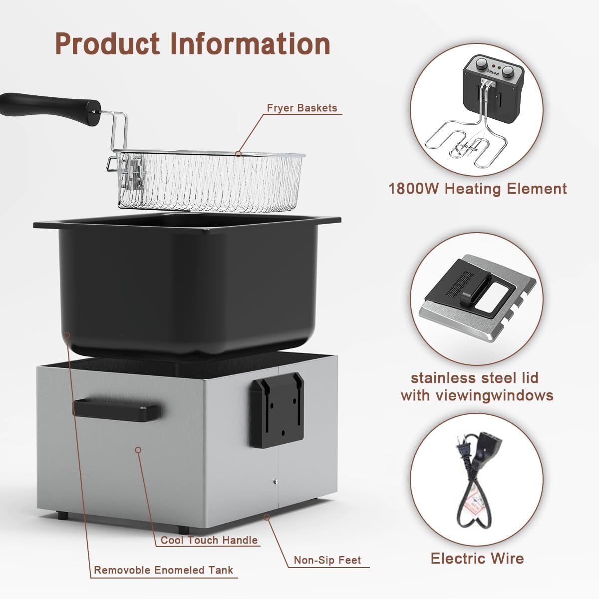 1800W 5 Liters/21 Cups Large Electric Deep Fryer with 3 Frying Baskets, Adjustable Temperature,View Window Lid,Countertop Stainless Steel Body Deep Fryer Pot,Perfect for Kitchen, Fry Fish for Home Use